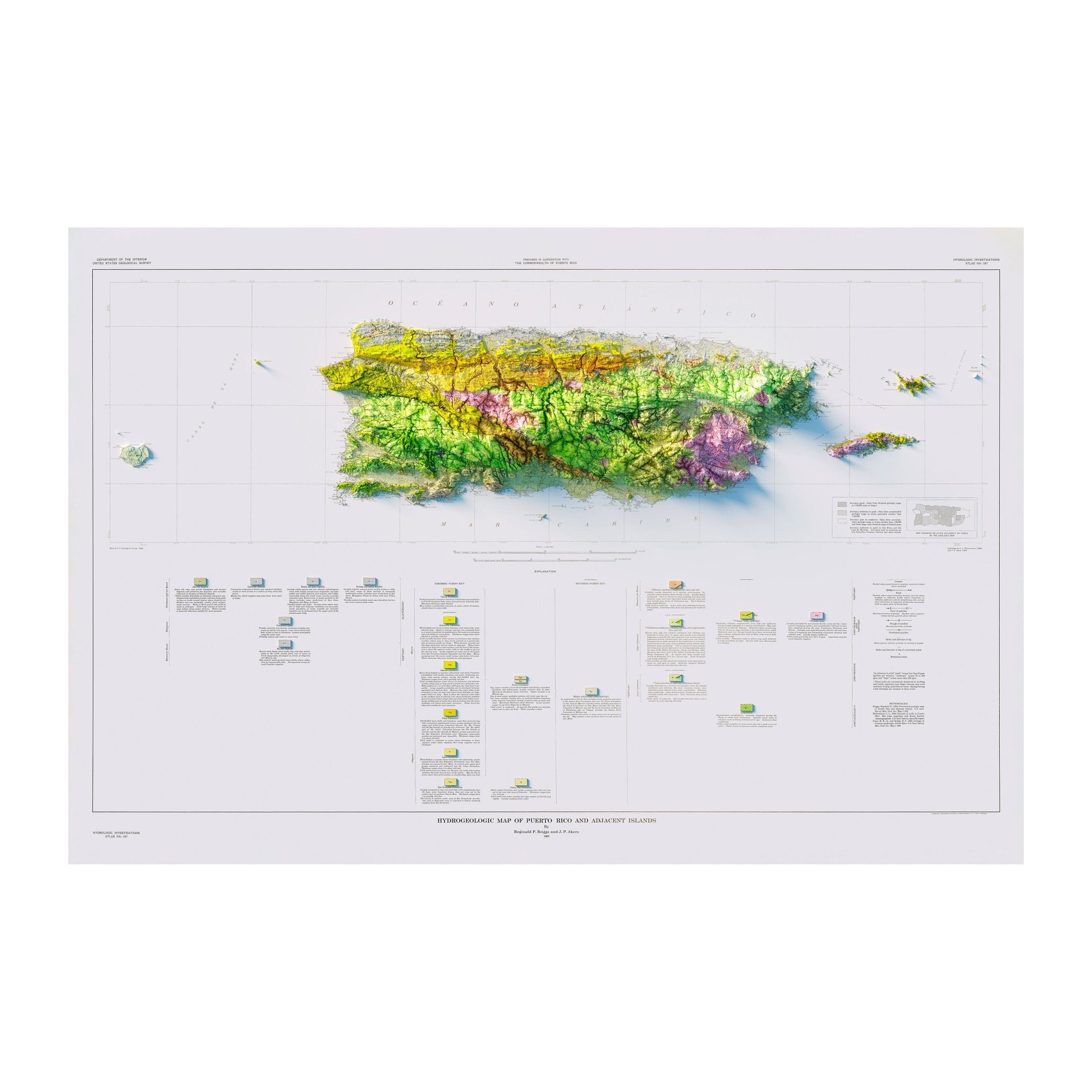 Puerto Rico 1965 Shaded Relief Map - Muir Way - Vintage Relief