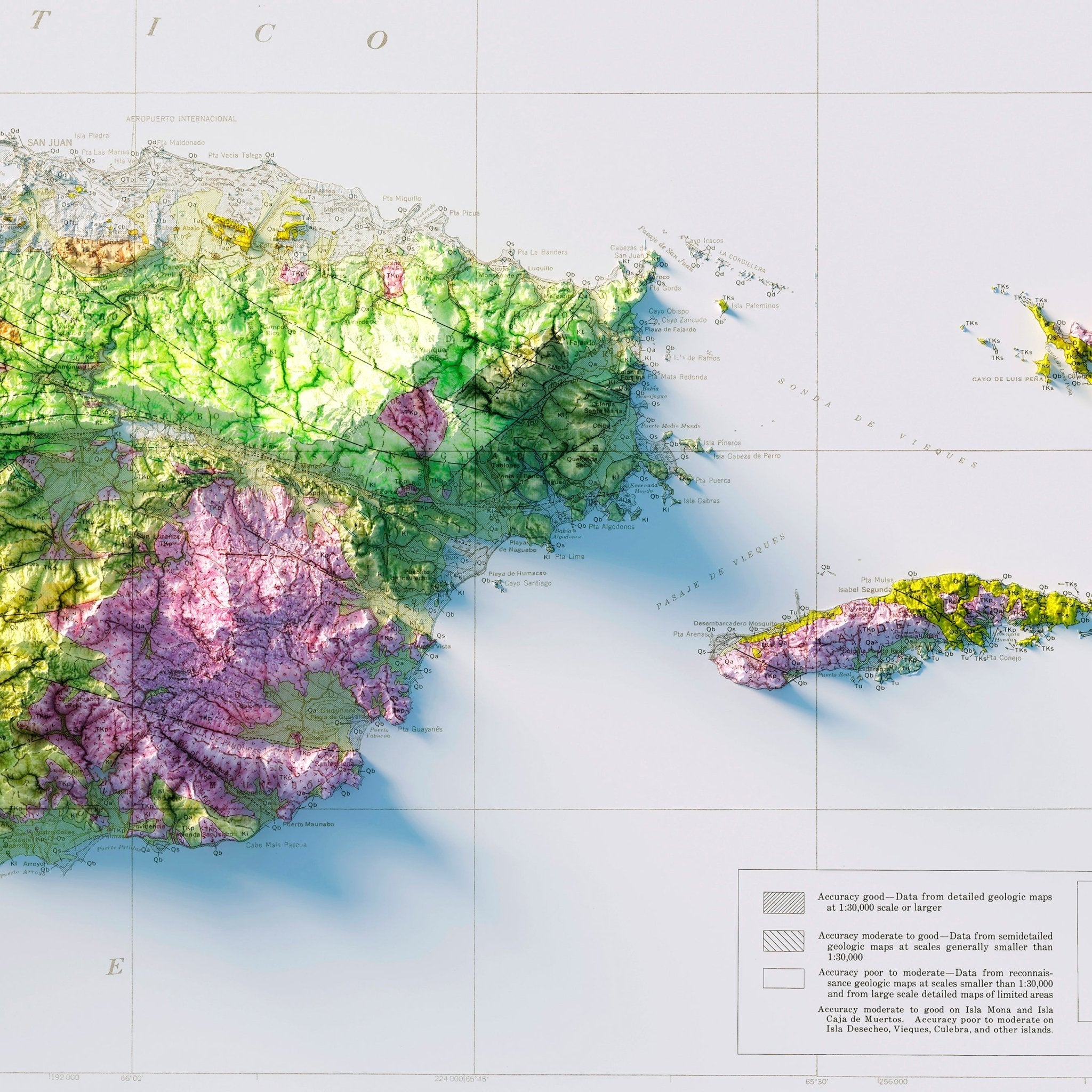 Puerto Rico 1965 Shaded Relief Map - Muir Way - Vintage Relief