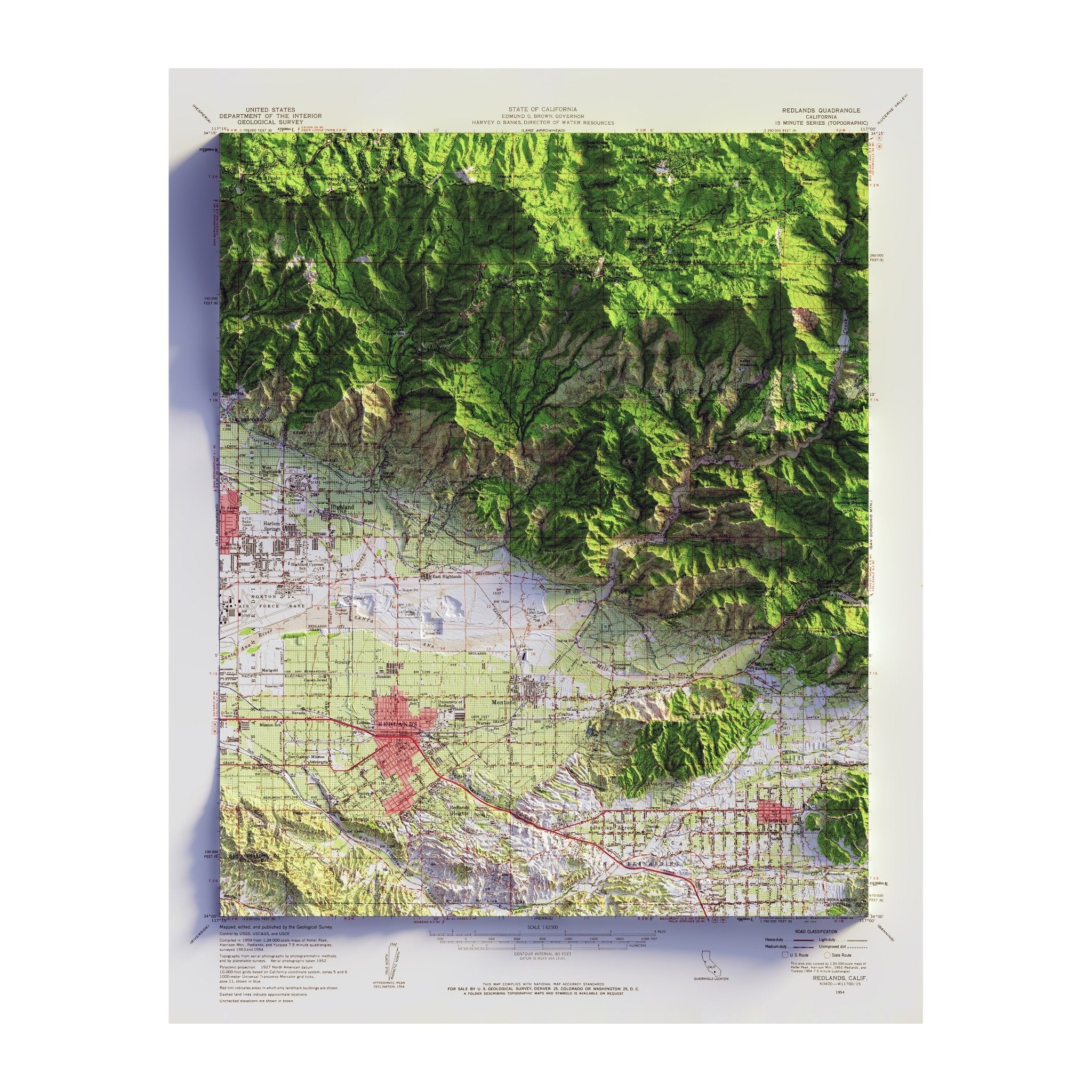 Redlands 1959 Shaded Relief Map - Muir Way - Vintage Relief