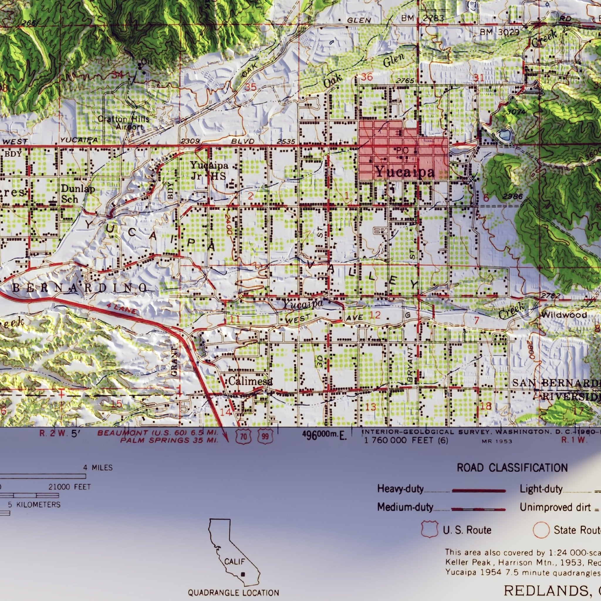 Redlands 1959 Shaded Relief Map - Muir Way - Vintage Relief