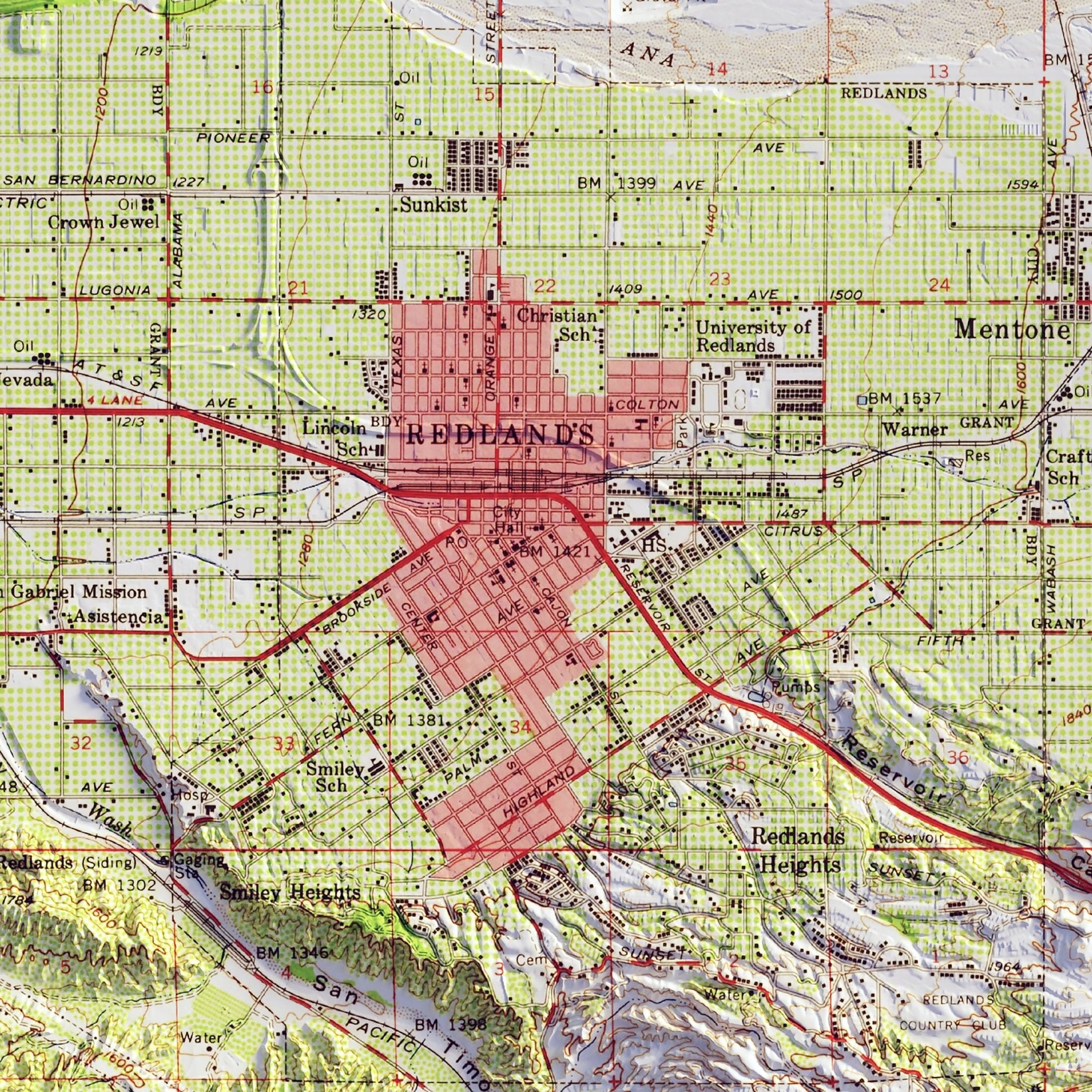 Redlands 1959 Shaded Relief Map - Muir Way - Vintage Relief