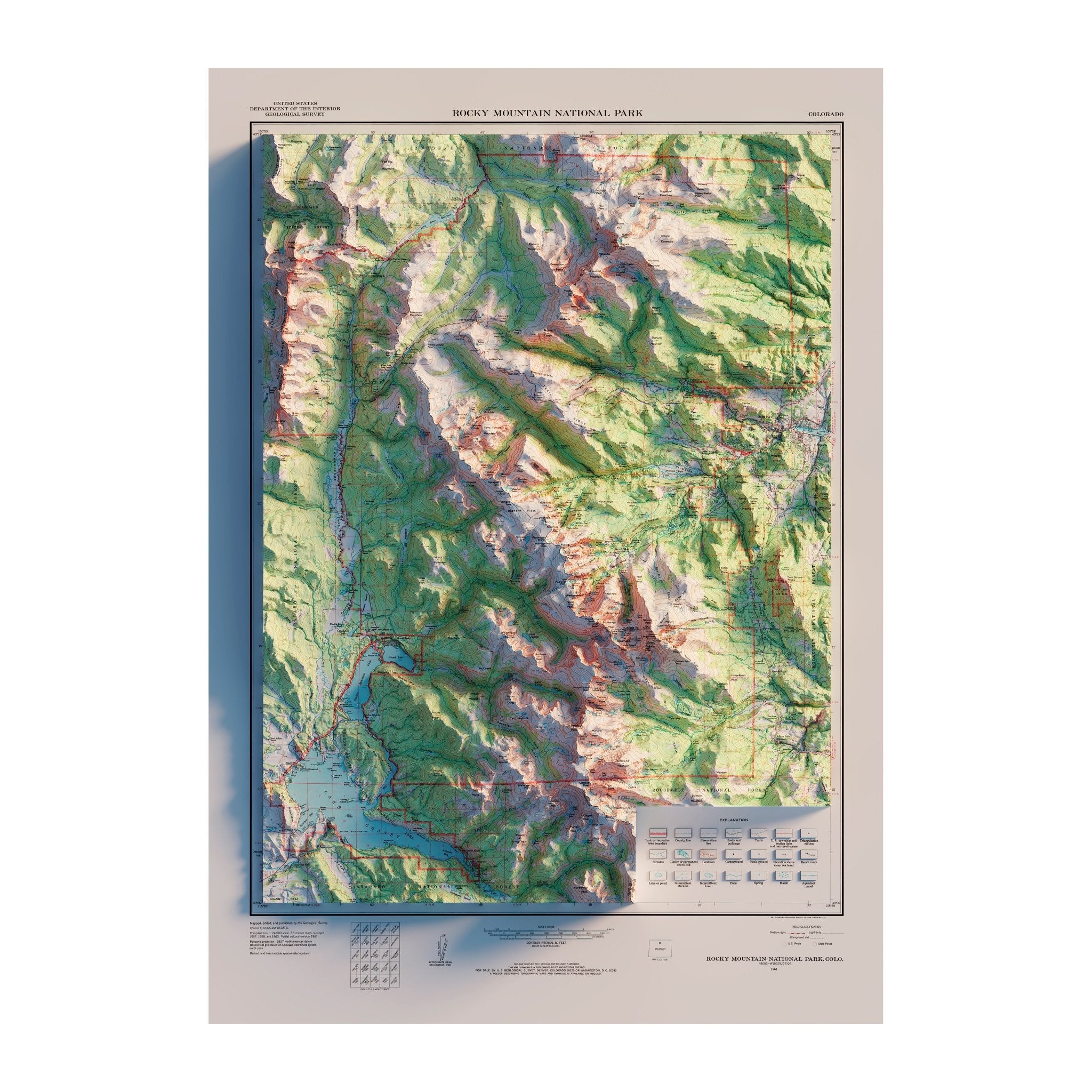 Rocky Mountain National Park 1961 Shaded Relief Map - Muir Way - Vintage Relief