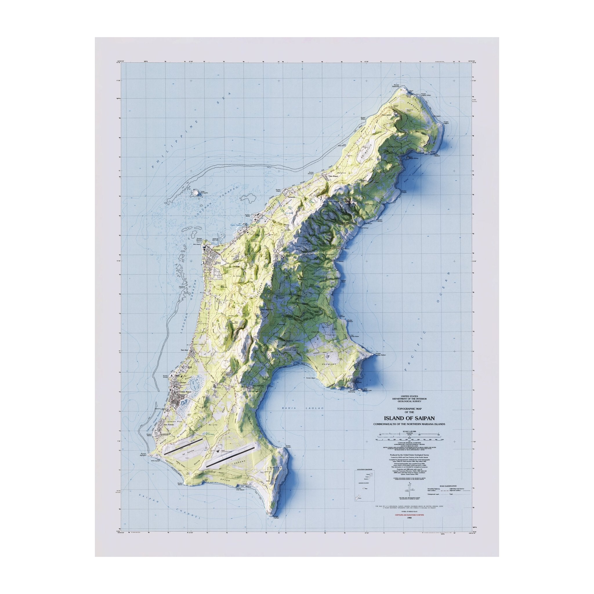 Saipan 1983 Shaded Relief Map - Muir Way - Vintage Relief