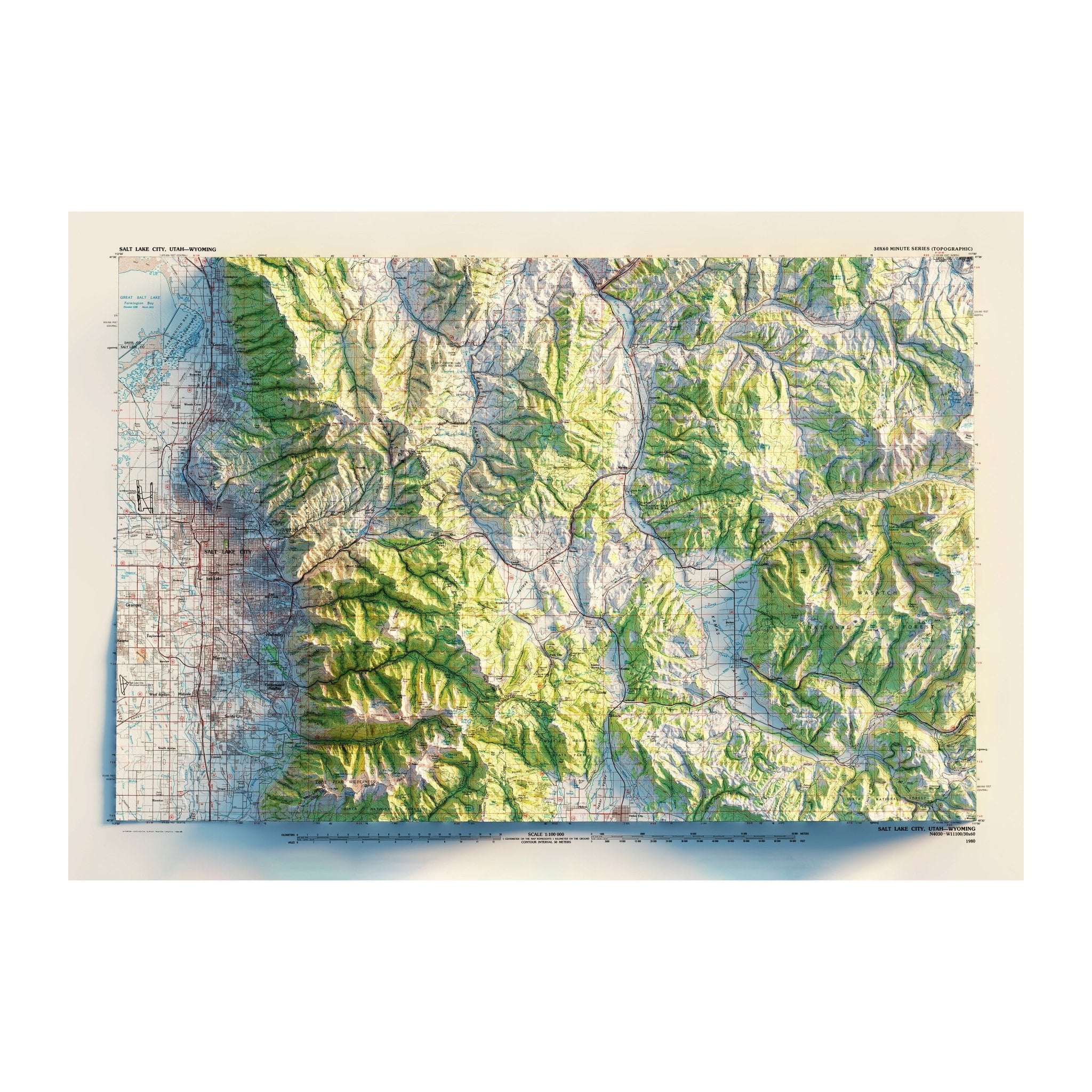 Salt Lake City, Utah 1980 Shaded Relief Map - Muir Way - Vintage Relief