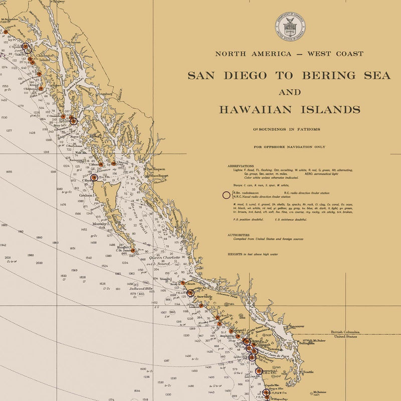 San Diego to Bering Sea and Hawaiian Islands Nautical Chart 1934 - Muir Way - Vintage Map