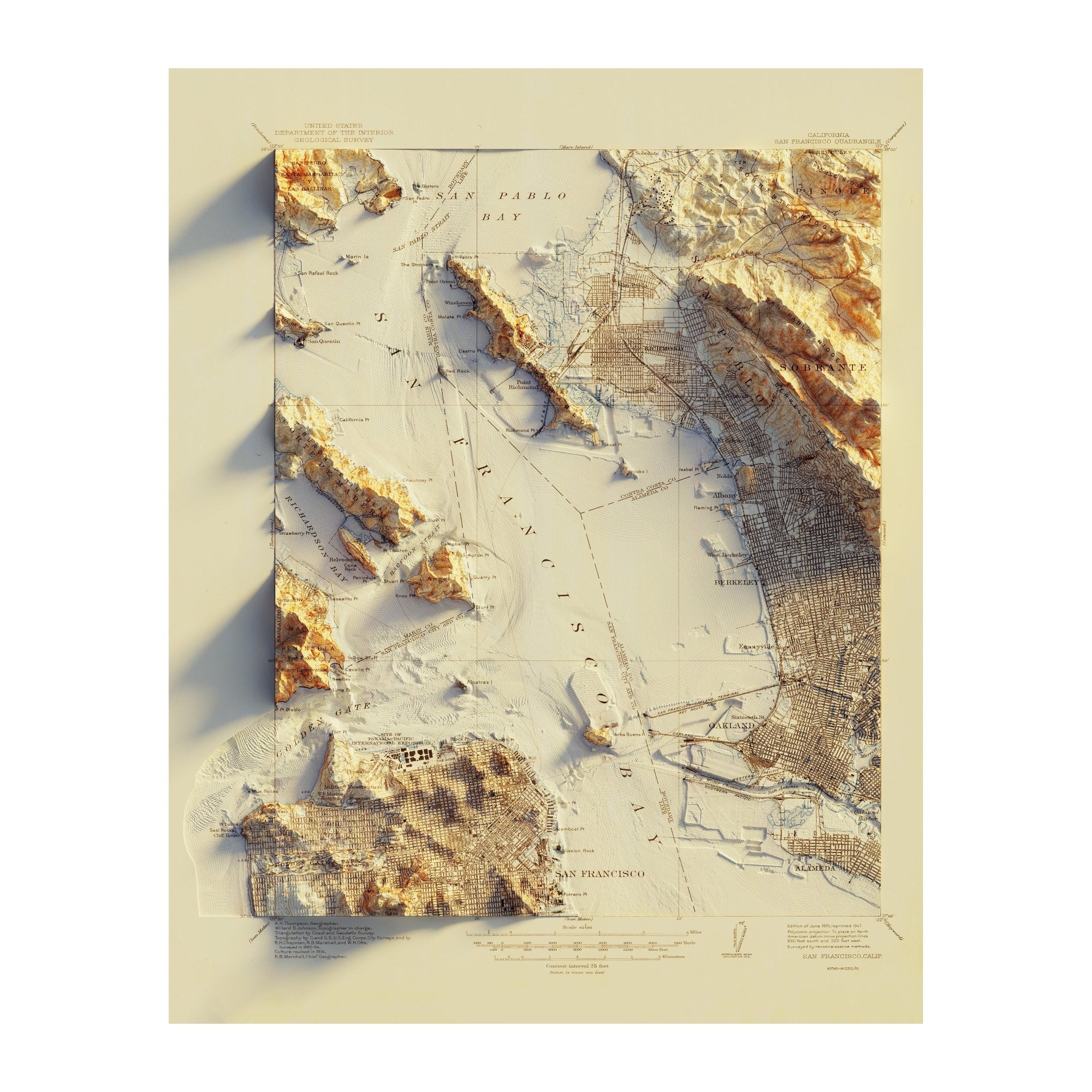 San Francisco 1915 Shaded Relief Map - Muir Way - Vintage Relief