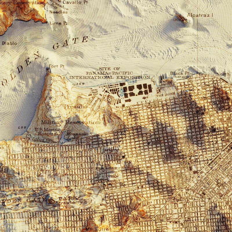 San Francisco 1915 Shaded Relief Map - Muir Way - Vintage Relief