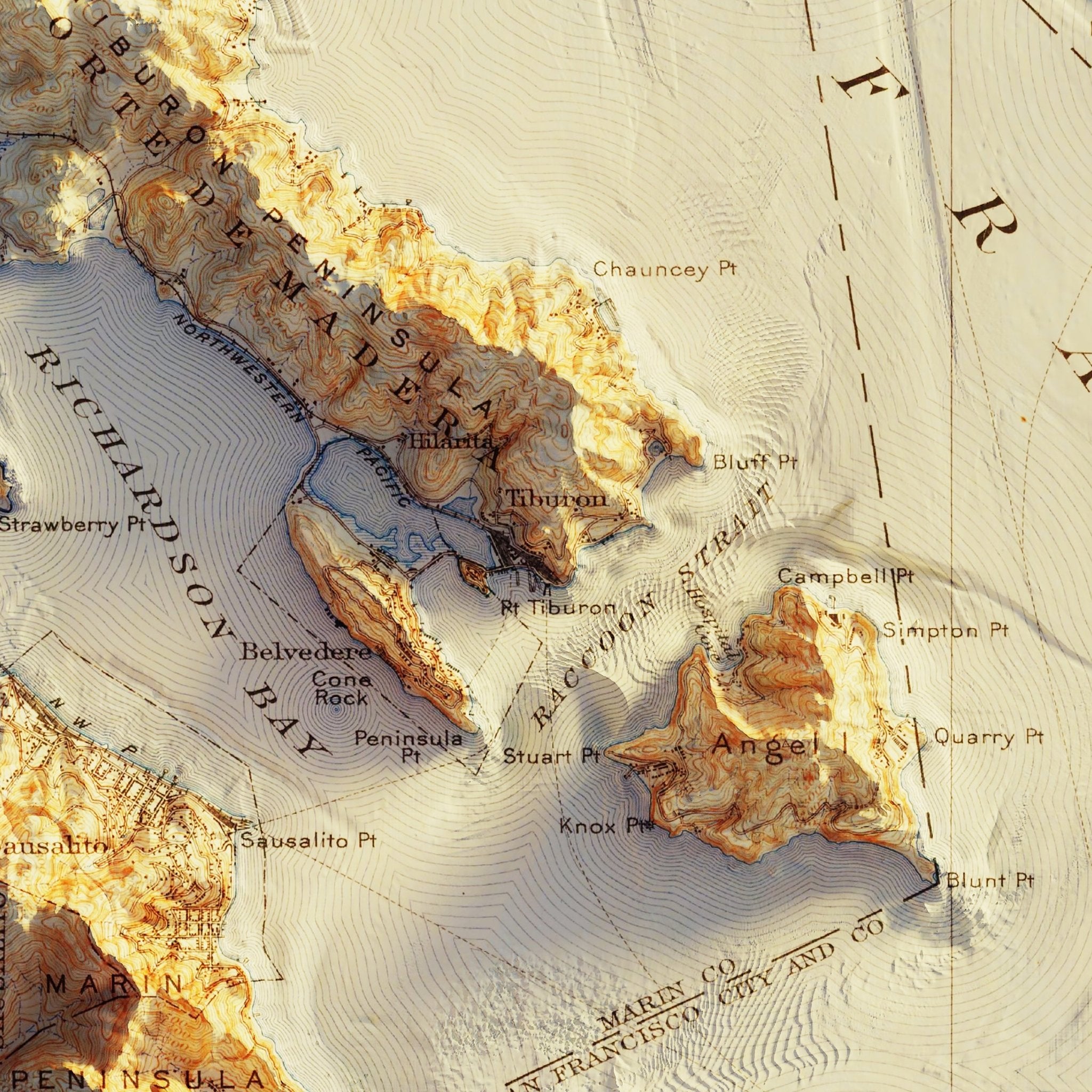 San Francisco 1915 Shaded Relief Map - Muir Way - Vintage Relief