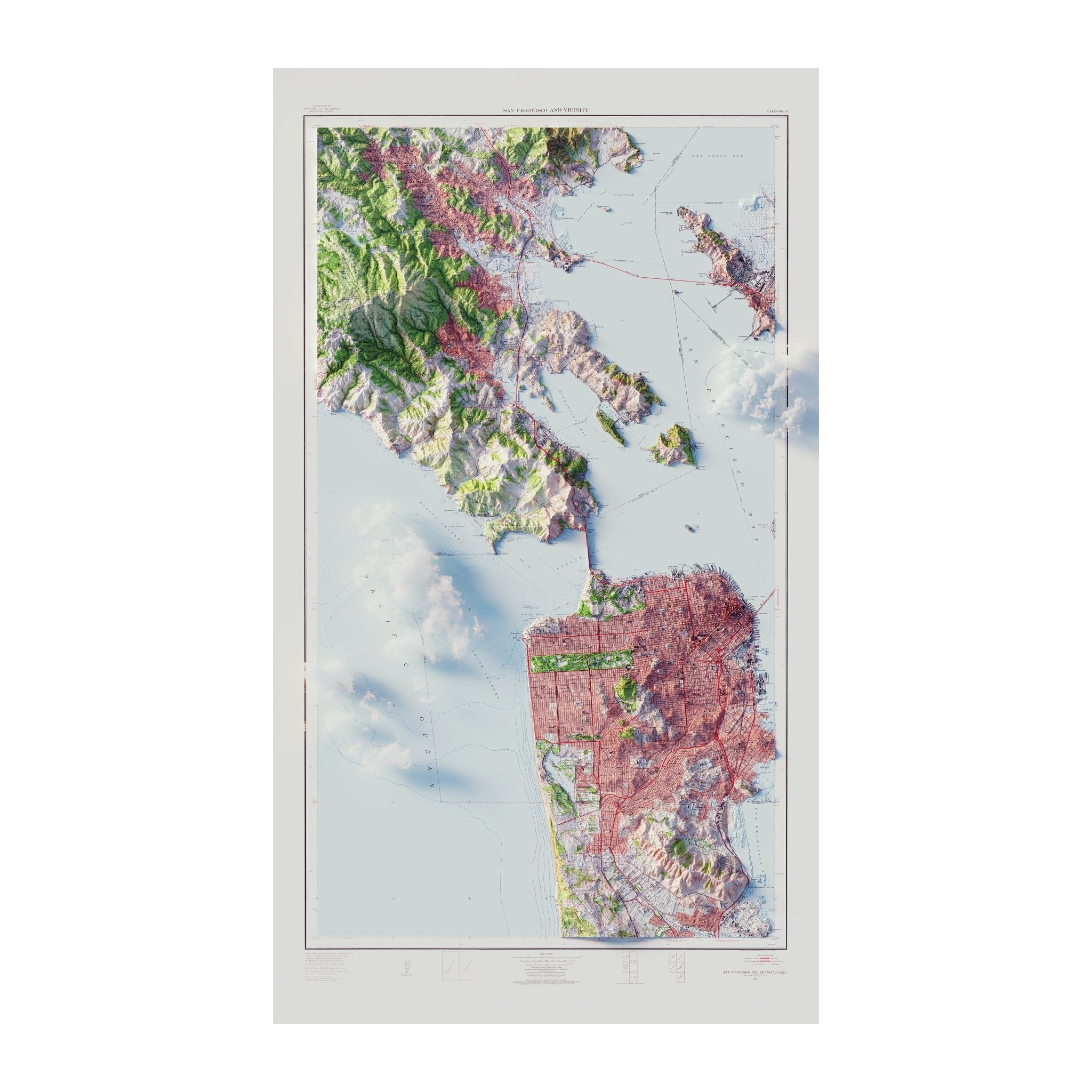 San Francisco, California 1954 Shaded Relief Map - Muir Way - Vintage Relief