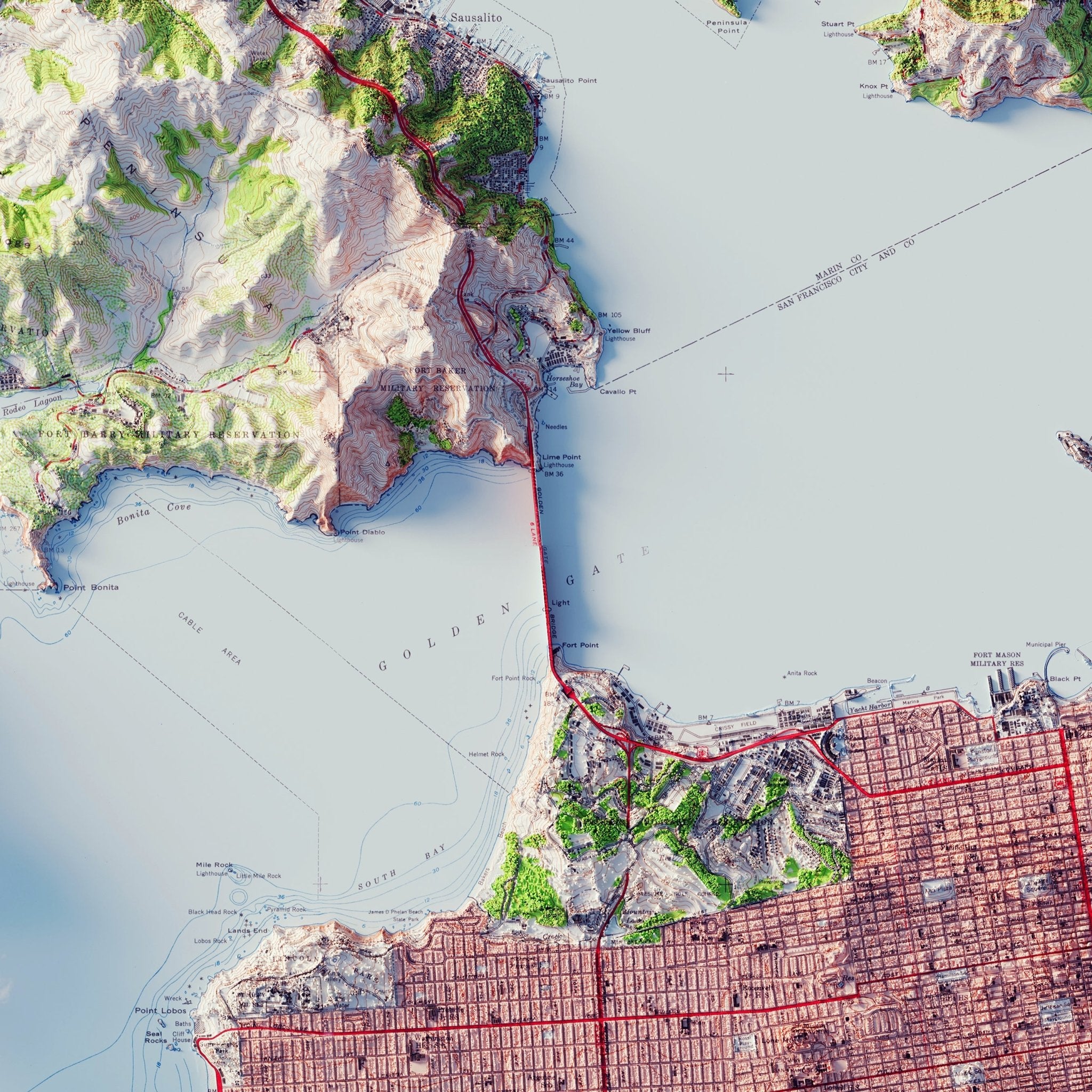 San Francisco, California 1954 Shaded Relief Map - Muir Way - Vintage Relief