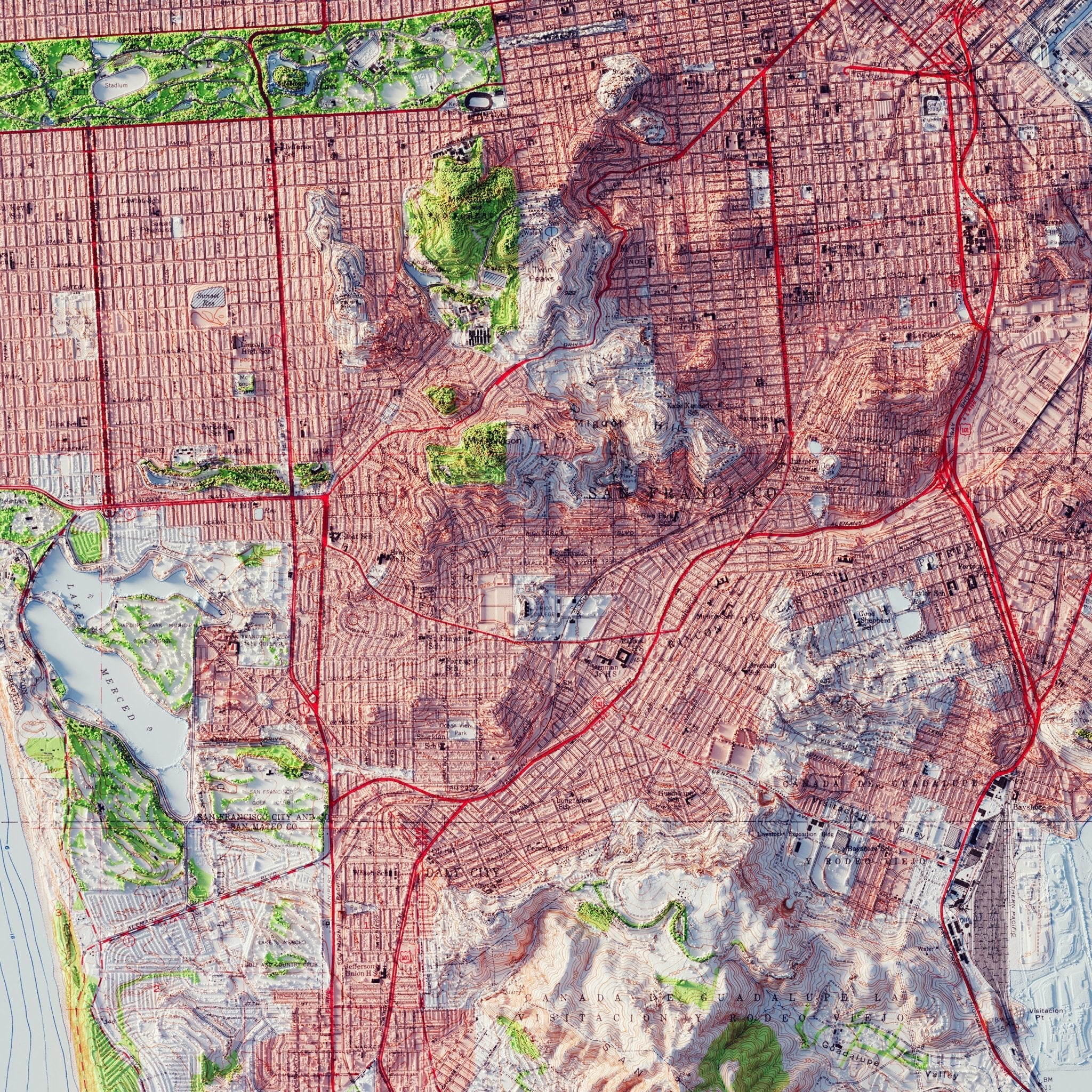 San Francisco, California 1954 Shaded Relief Map - Muir Way - Vintage Relief
