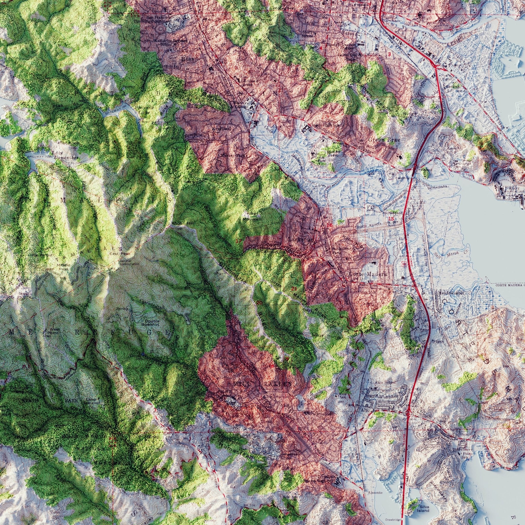 San Francisco, California 1954 Shaded Relief Map - Muir Way - Vintage Relief