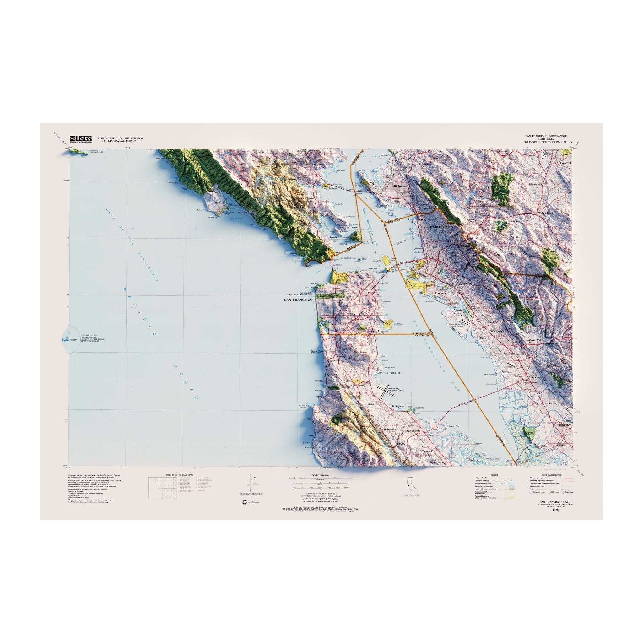 San Francisco, California 1978 Shaded Relief Map - Muir Way - Vintage Relief