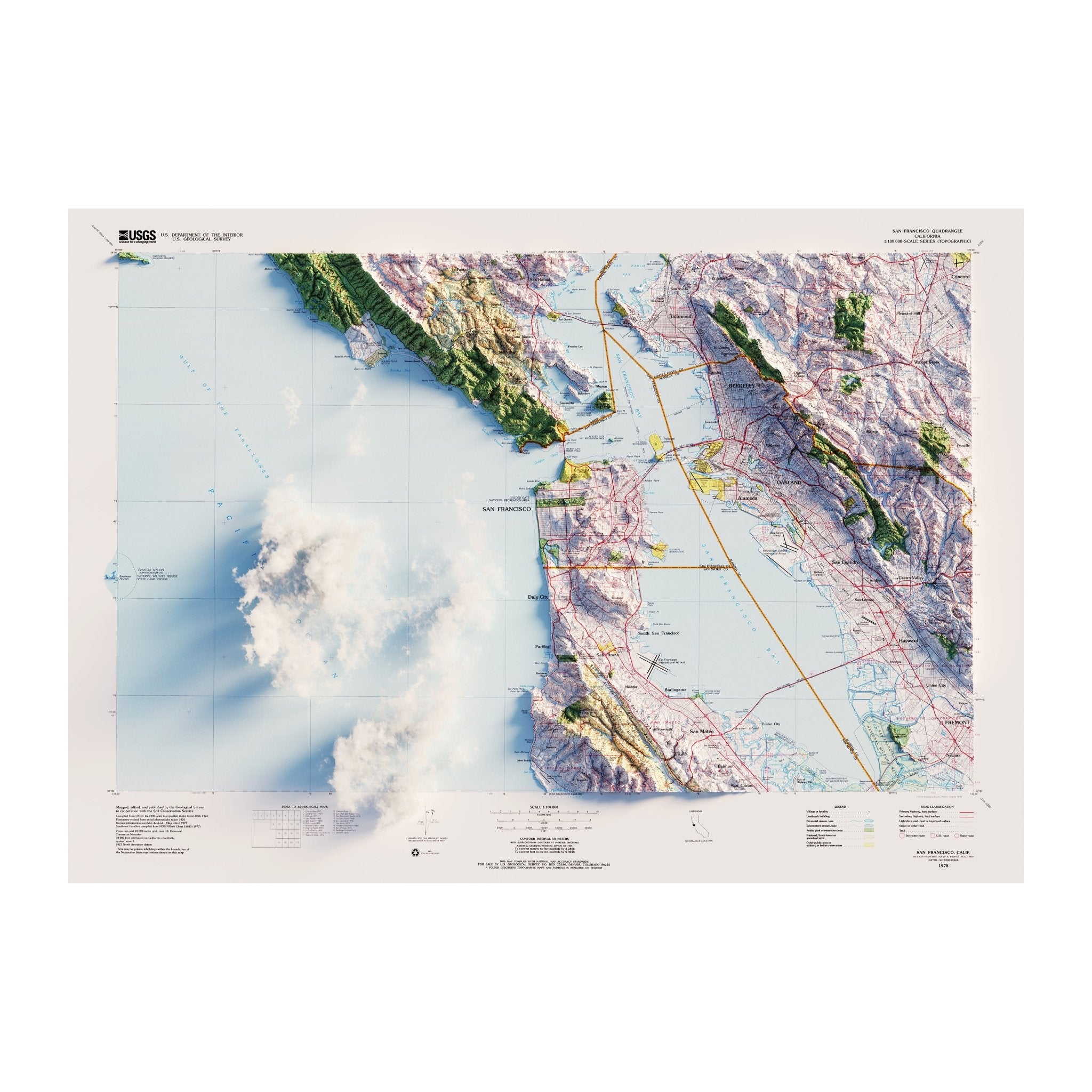 San Francisco, California 1978 Shaded Relief Map - Muir Way - Vintage Relief