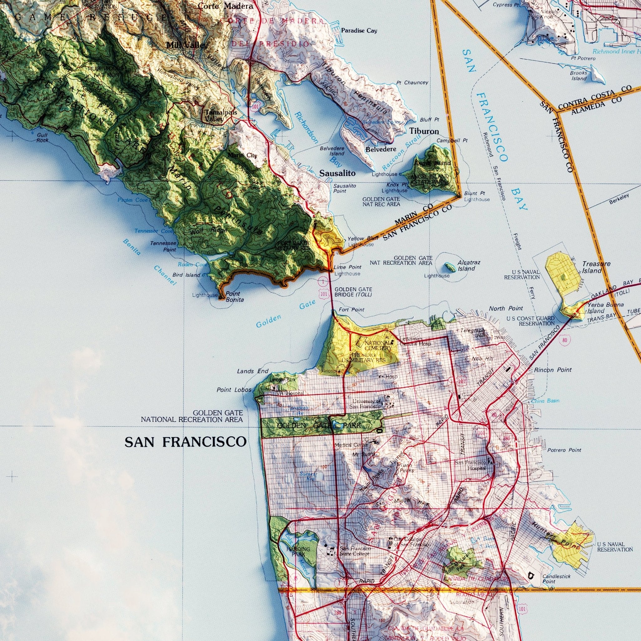 San Francisco, California 1978 Shaded Relief Map - Muir Way - Vintage Relief