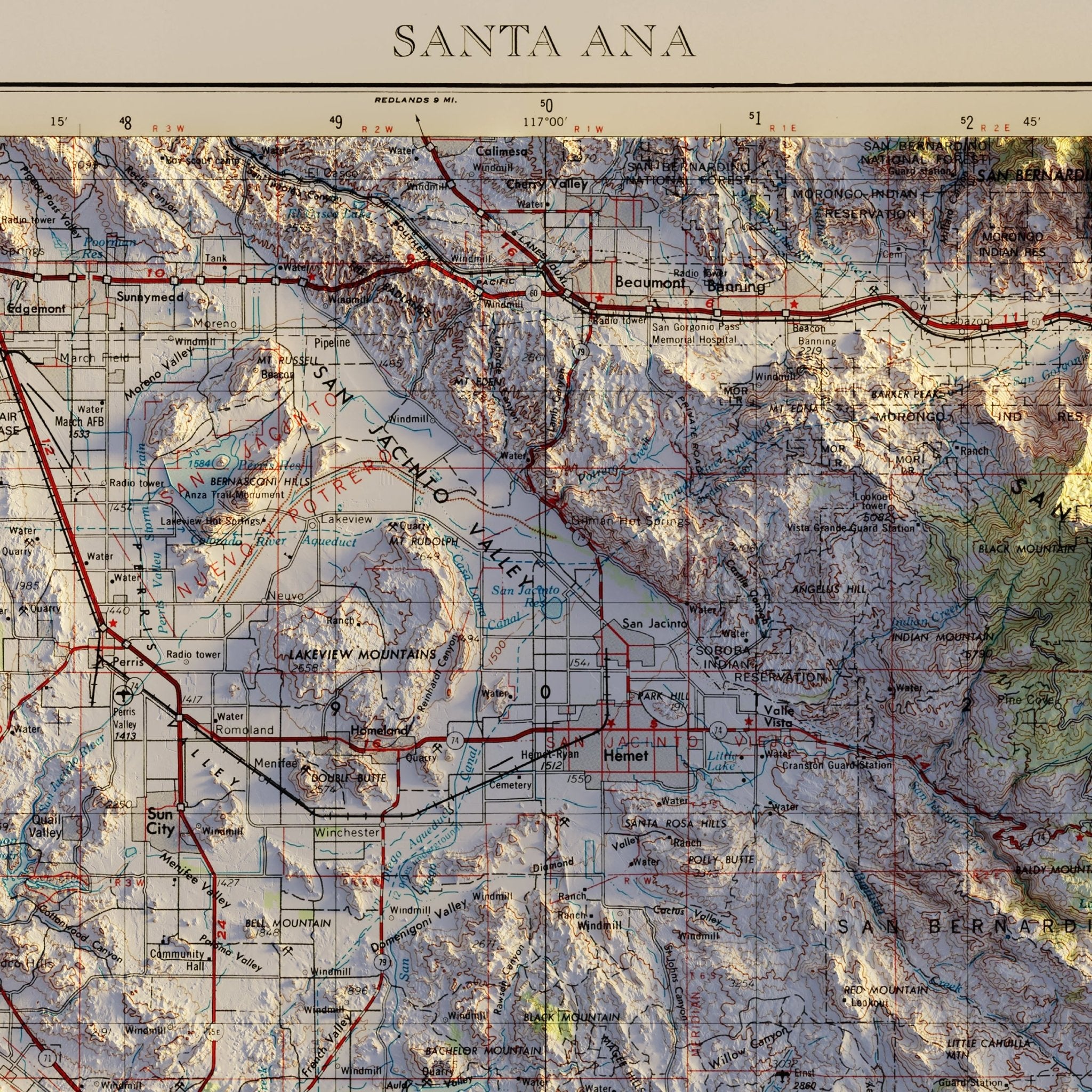 Santa Ana, CA 1959 Shaded Relief Map - Muir Way - Vintage Relief