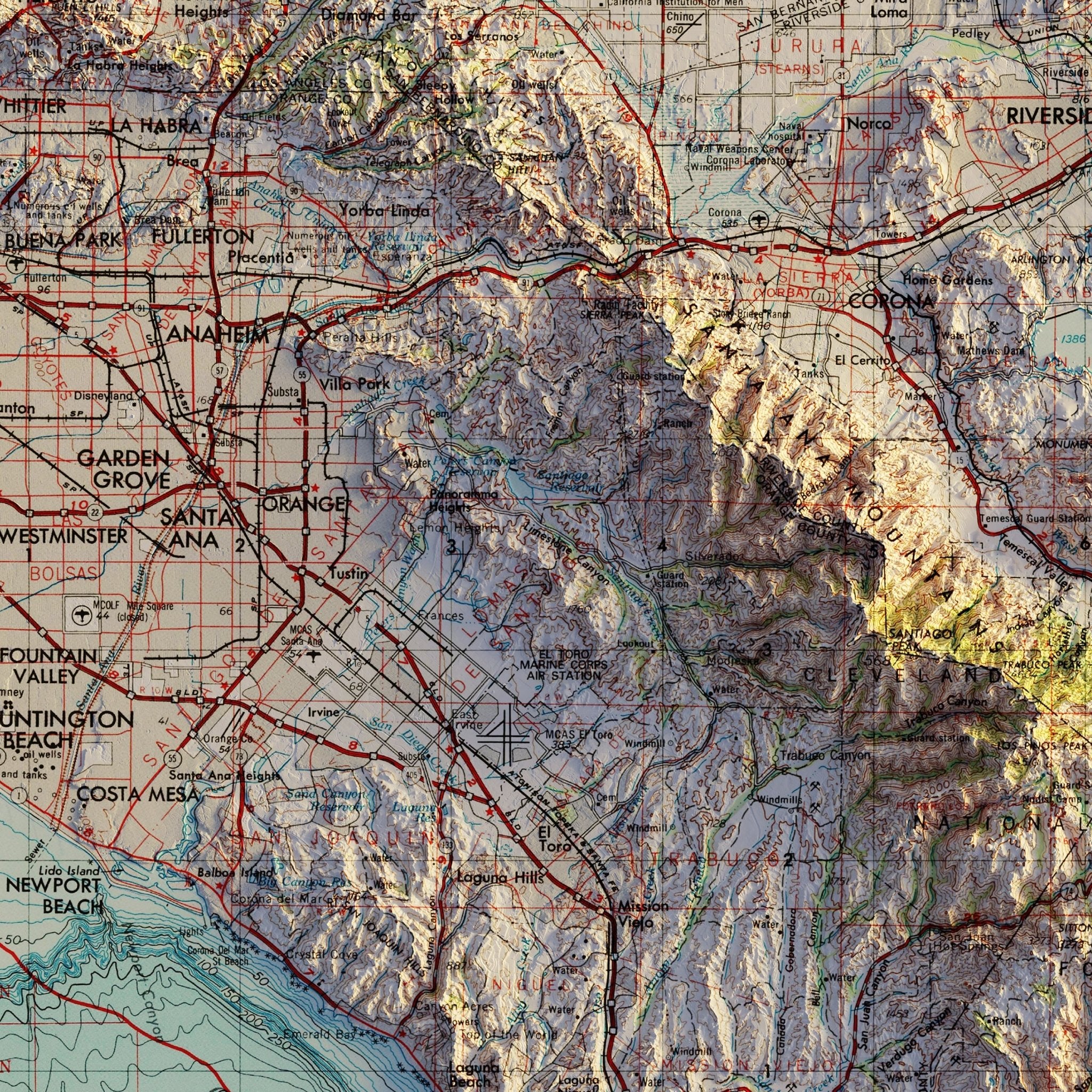 Santa Ana, CA 1959 Shaded Relief Map - Muir Way - Vintage Relief