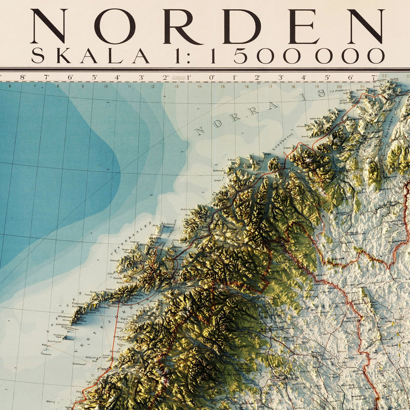 Scandinavia 1922 Shaded Relief Map - Muir Way - Vintage Relief