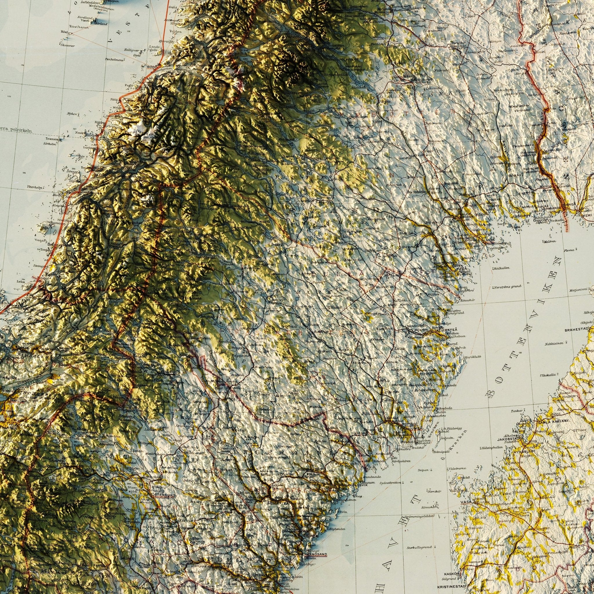 Scandinavia 1922 Shaded Relief Map - Muir Way - Vintage Relief