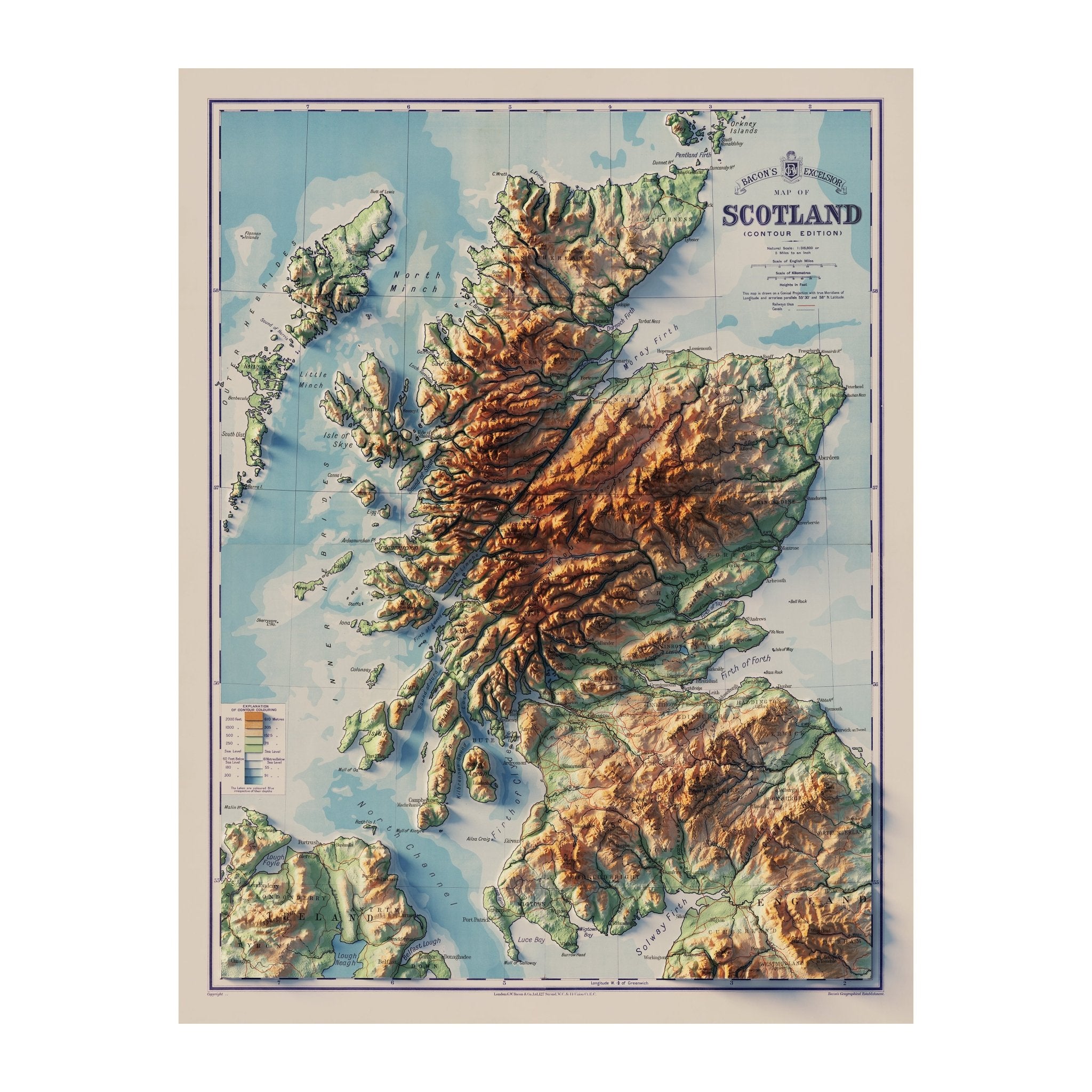 Scotland 1914 Shaded Relief Map - Muir Way - Vintage Relief