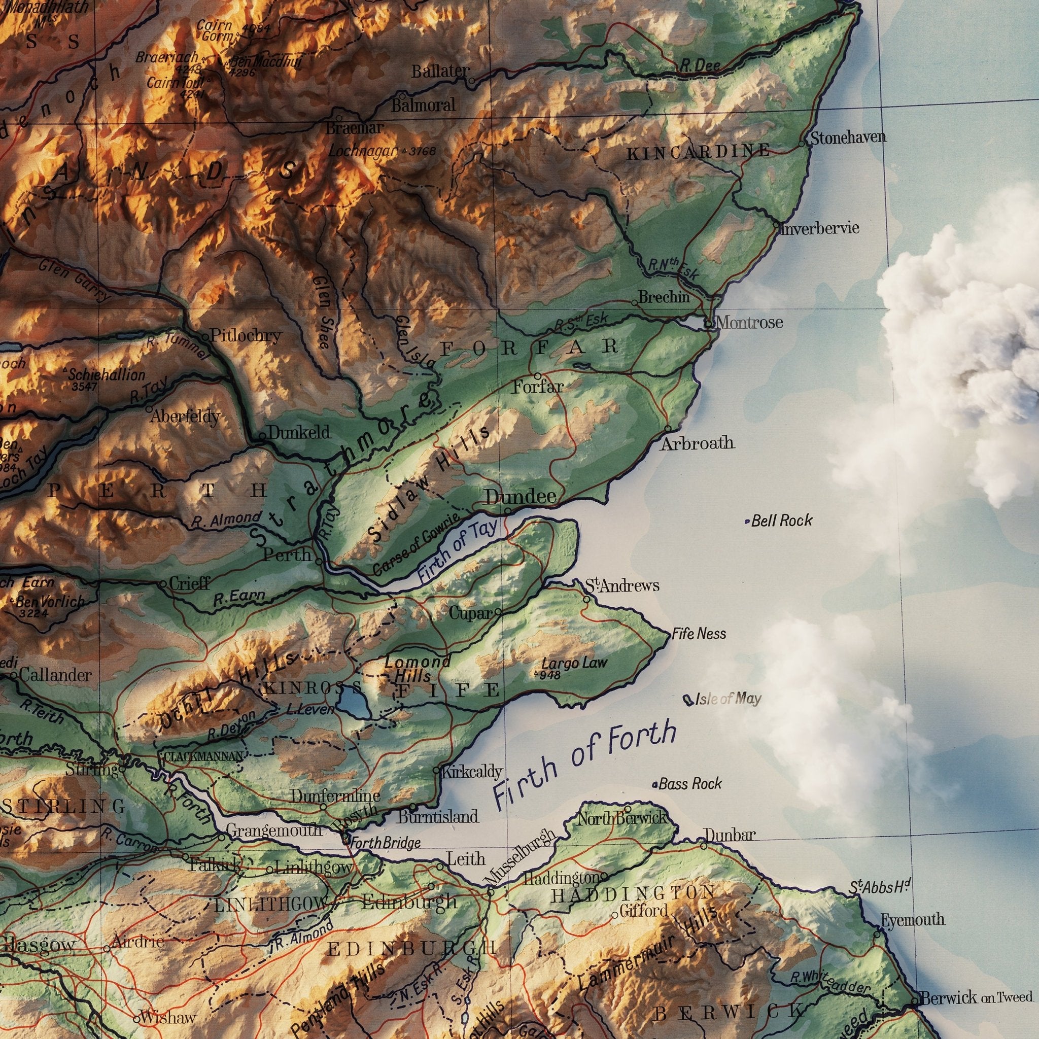 Scotland 1914 Shaded Relief Map - Muir Way - Vintage Relief