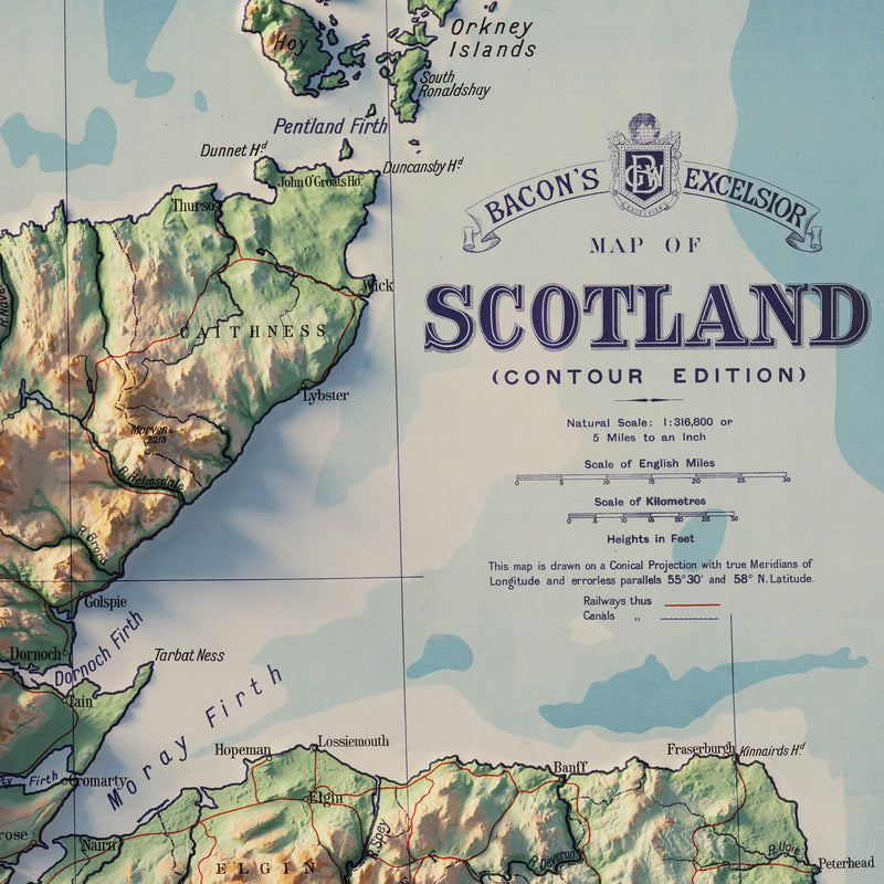 Scotland 1914 Shaded Relief Map - Muir Way - Vintage Relief
