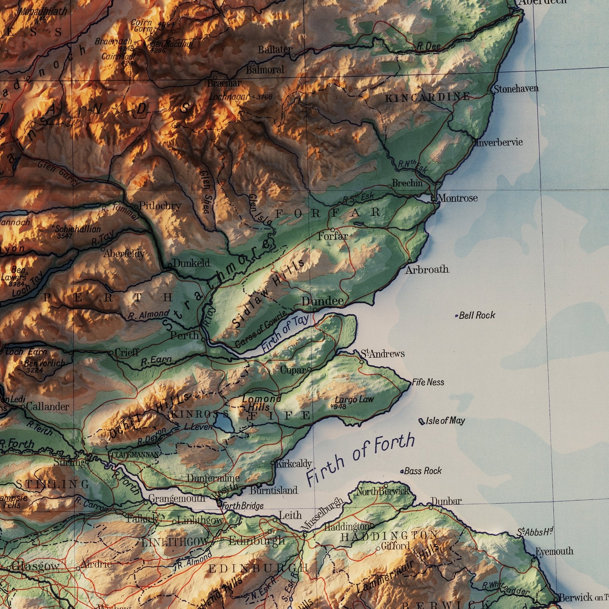 Scotland 1914 Shaded Relief Map - Muir Way - Vintage Relief