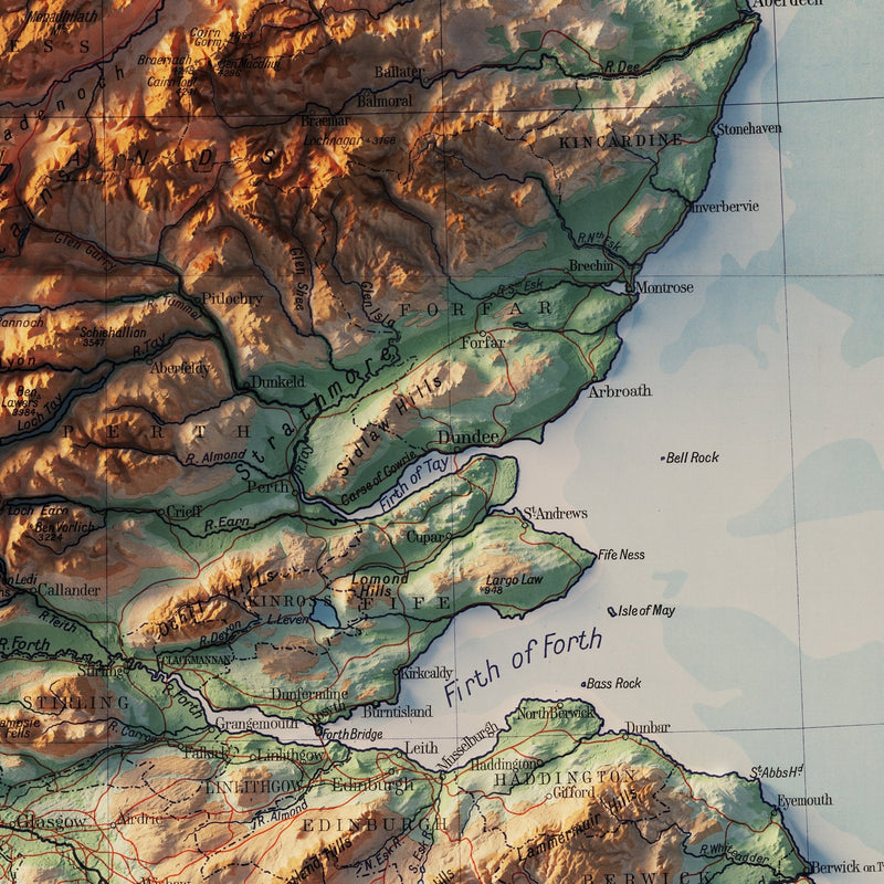 Scotland 1914 Shaded Relief Map - Muir Way - Vintage Relief