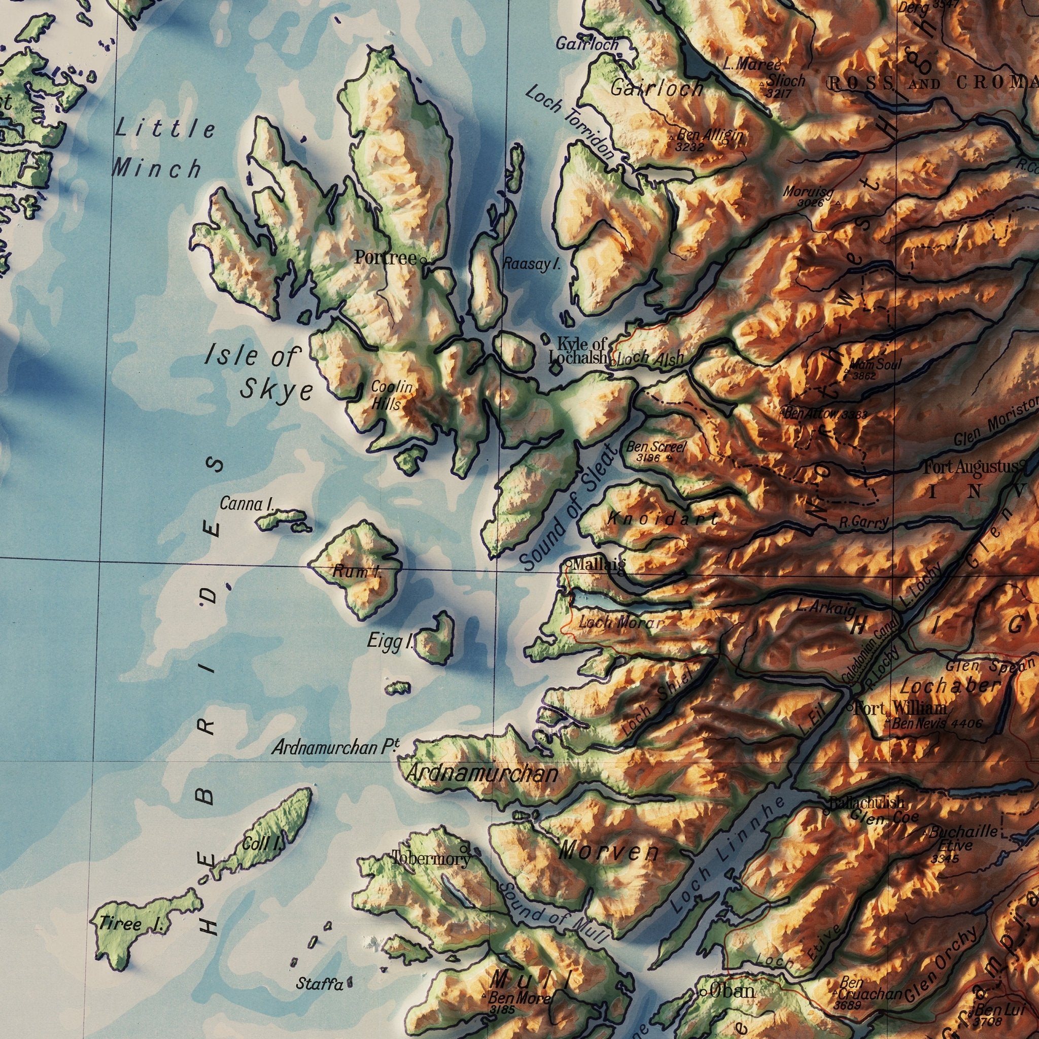 Scotland 1914 Shaded Relief Map - Muir Way - Vintage Relief