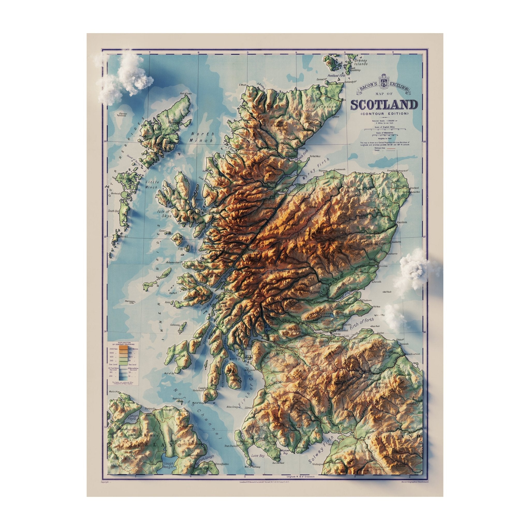 Scotland 1914 Shaded Relief Map - Muir Way - Vintage Relief