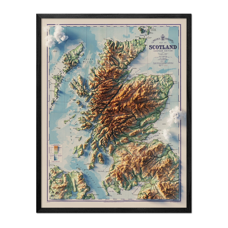Scotland 1914 Shaded Relief Map - Muir Way - Vintage Relief