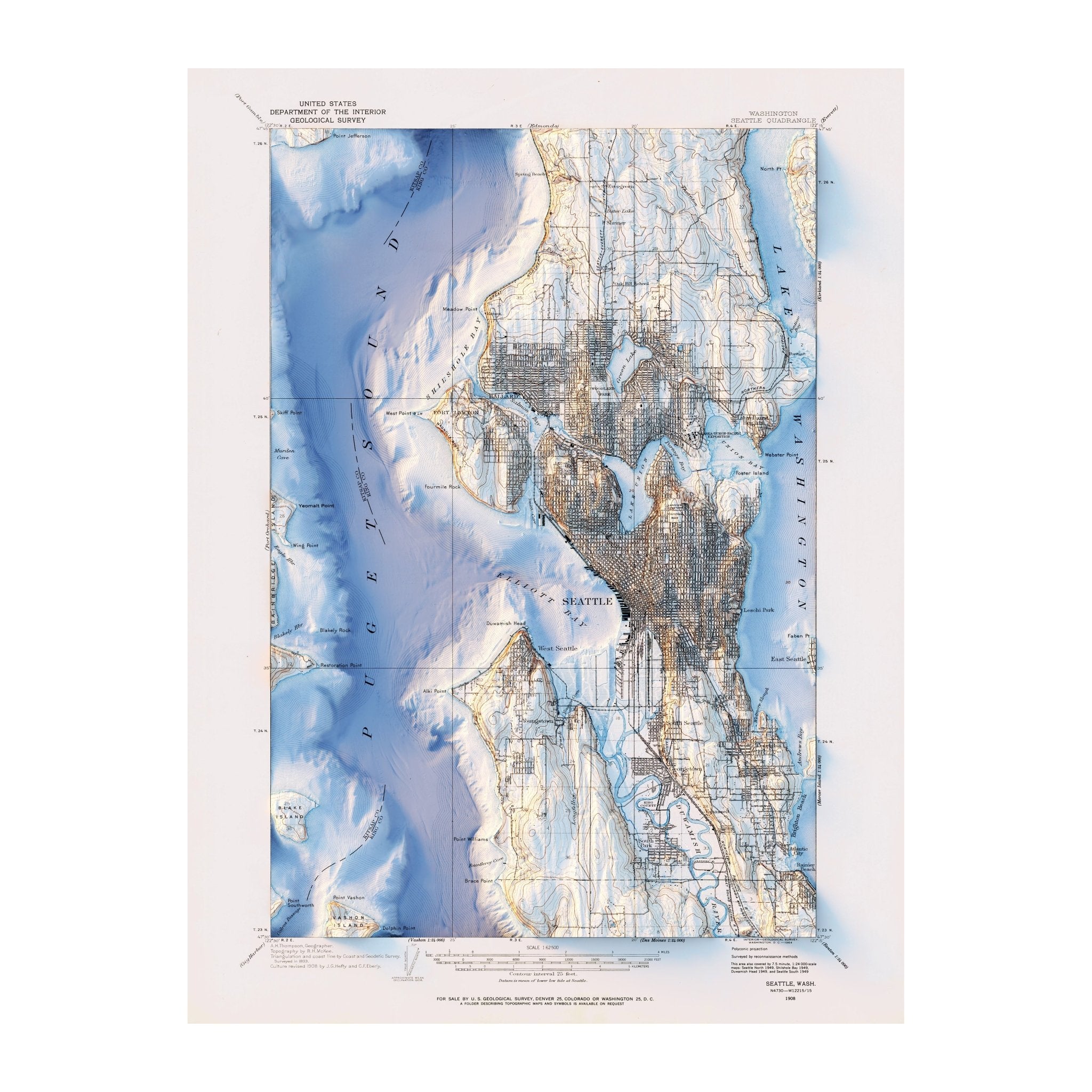 Seattle 1908 Shaded Relief Map - Muir Way - Vintage Relief