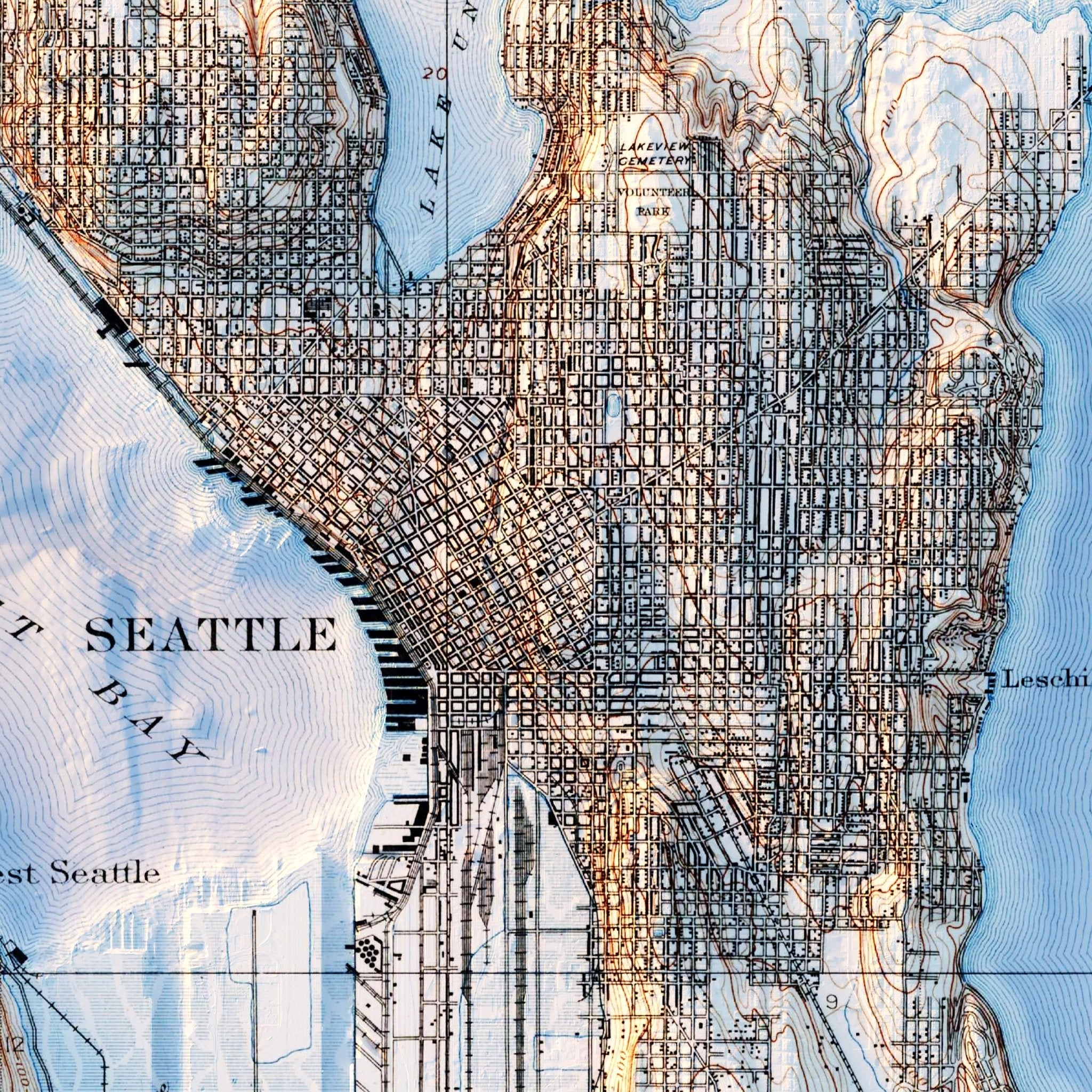 Seattle 1908 Shaded Relief Map - Muir Way - Vintage Relief