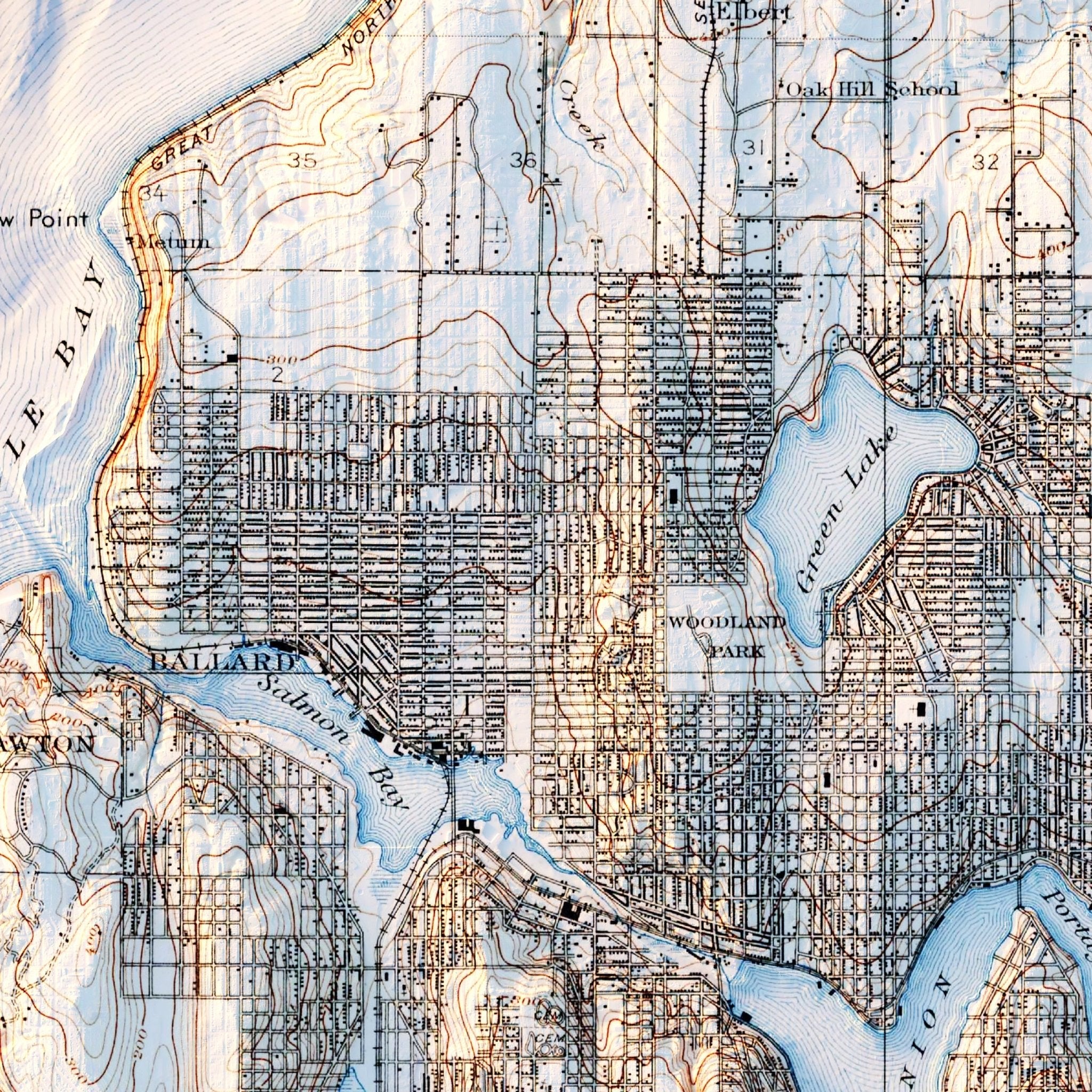 Seattle 1908 Shaded Relief Map - Muir Way - Vintage Relief