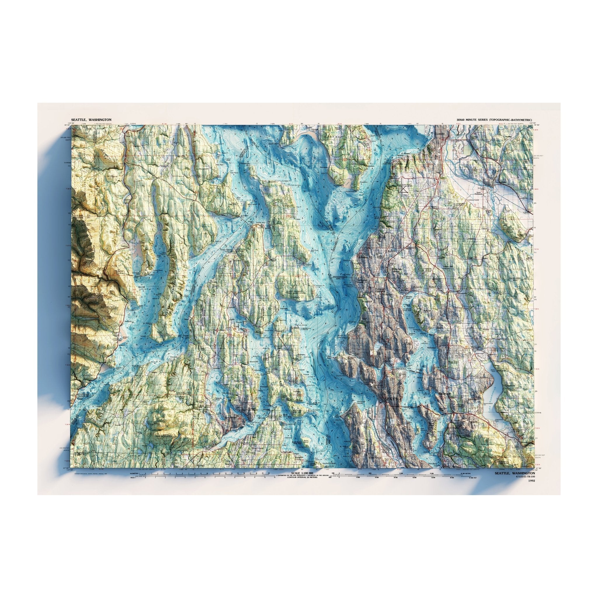 Seattle 1992 Shaded Relief Map - Muir Way - Vintage Relief
