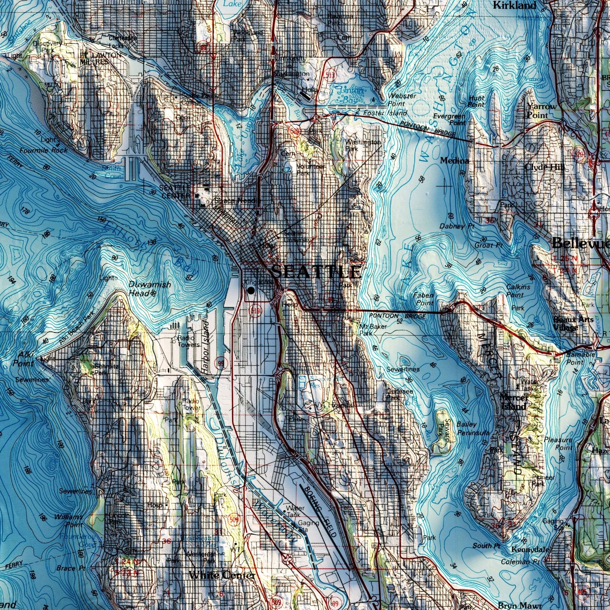 Seattle 1992 Shaded Relief Map - Muir Way - Vintage Relief