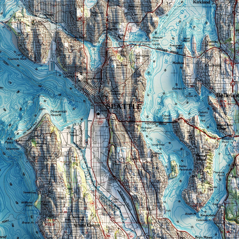 Seattle 1992 Shaded Relief Map - Muir Way - Vintage Relief