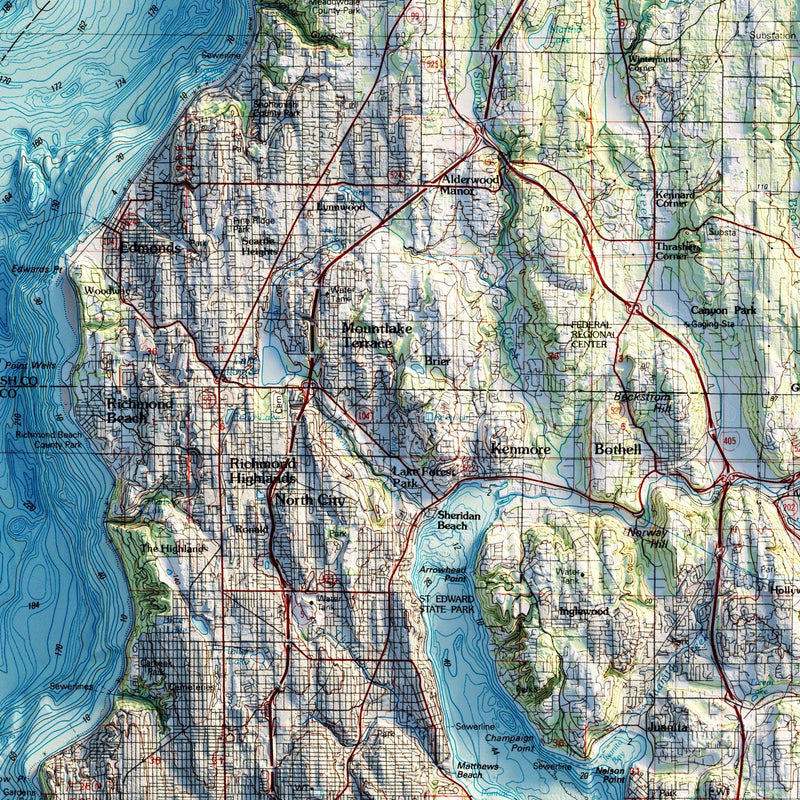 Seattle 1992 Shaded Relief Map - Muir Way - Vintage Relief