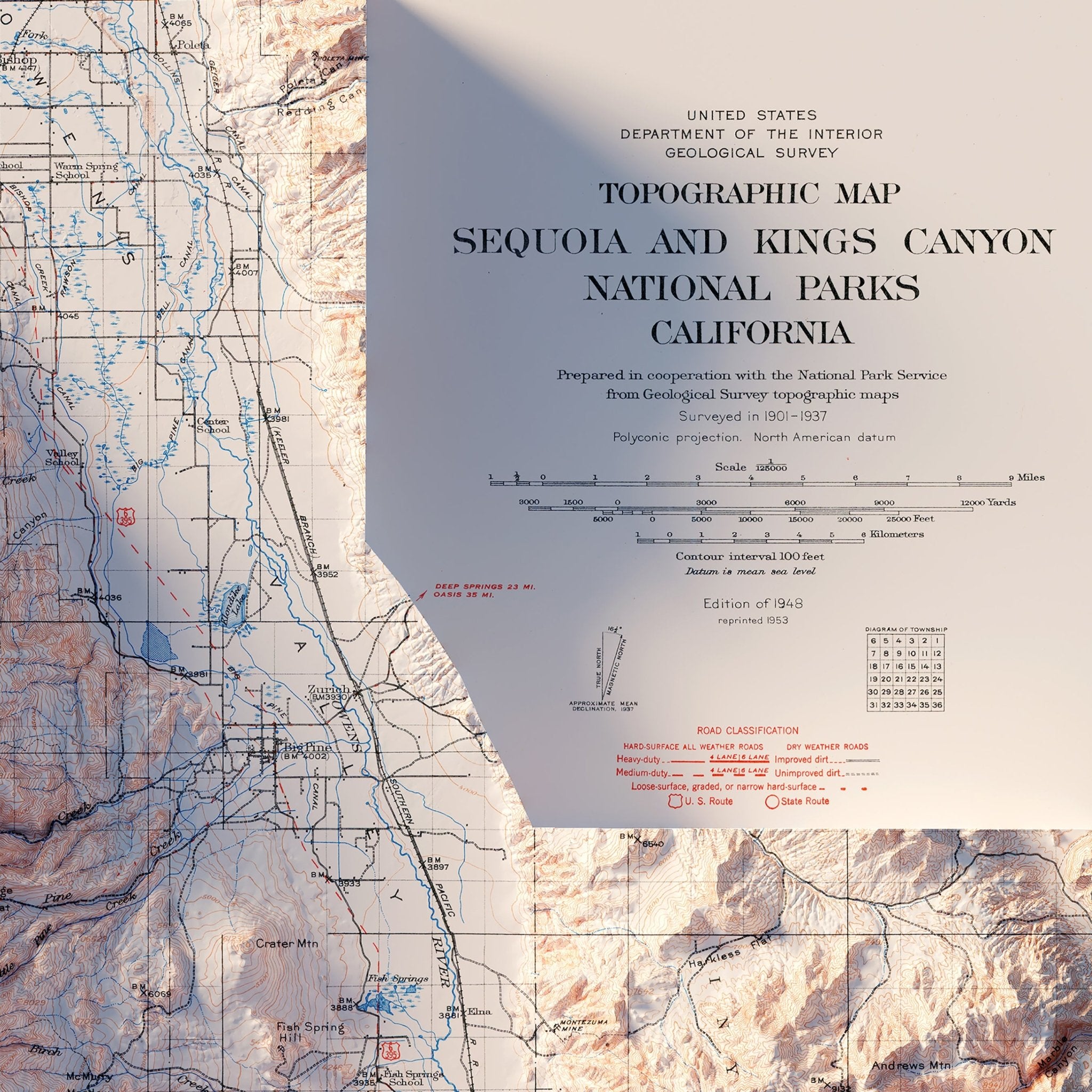 Sequoia and Kings Canyon 1948 Shaded Relief Map - Muir Way - Vintage Relief