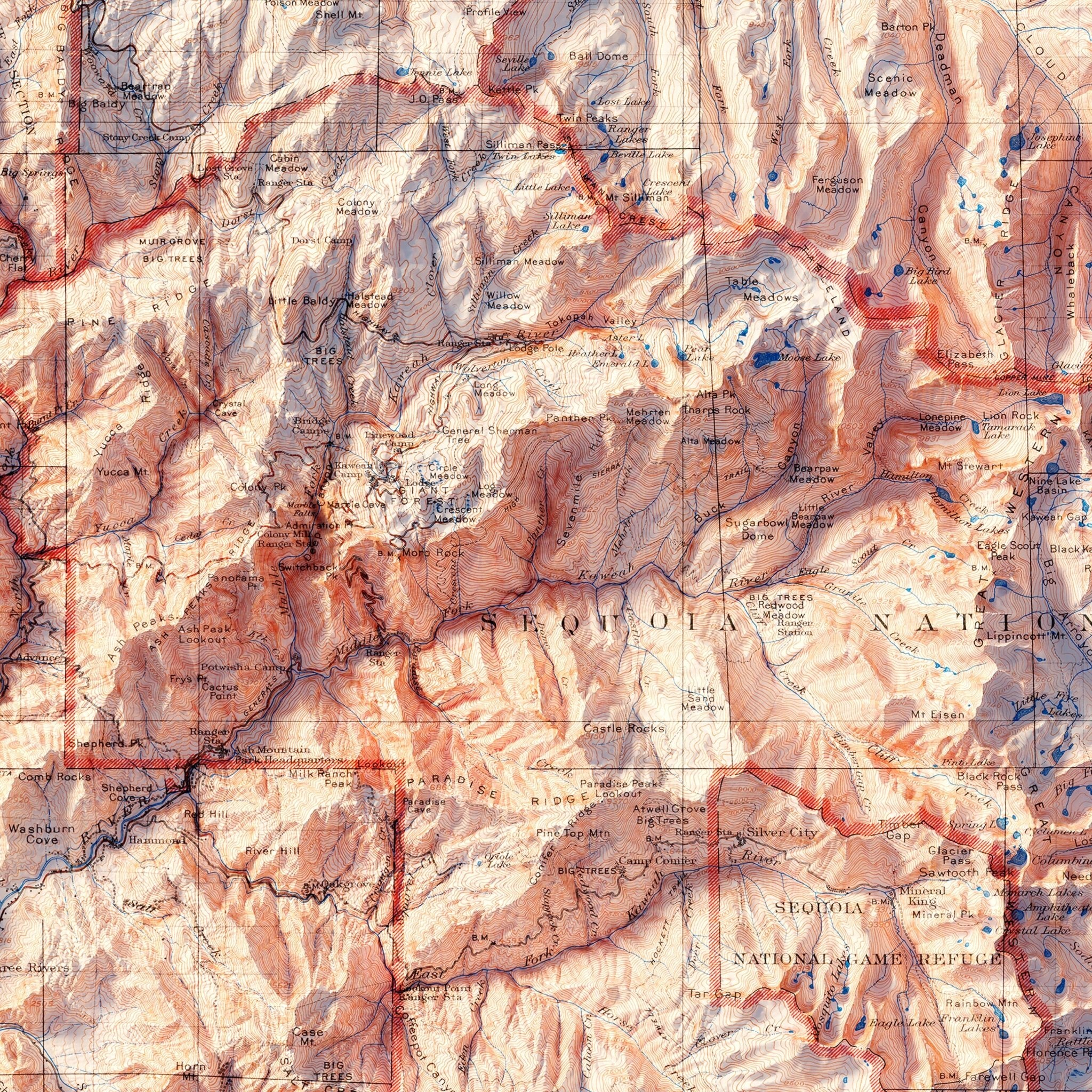 Sequoia and Kings Canyon 1948 Shaded Relief Map - Muir Way - Vintage Relief