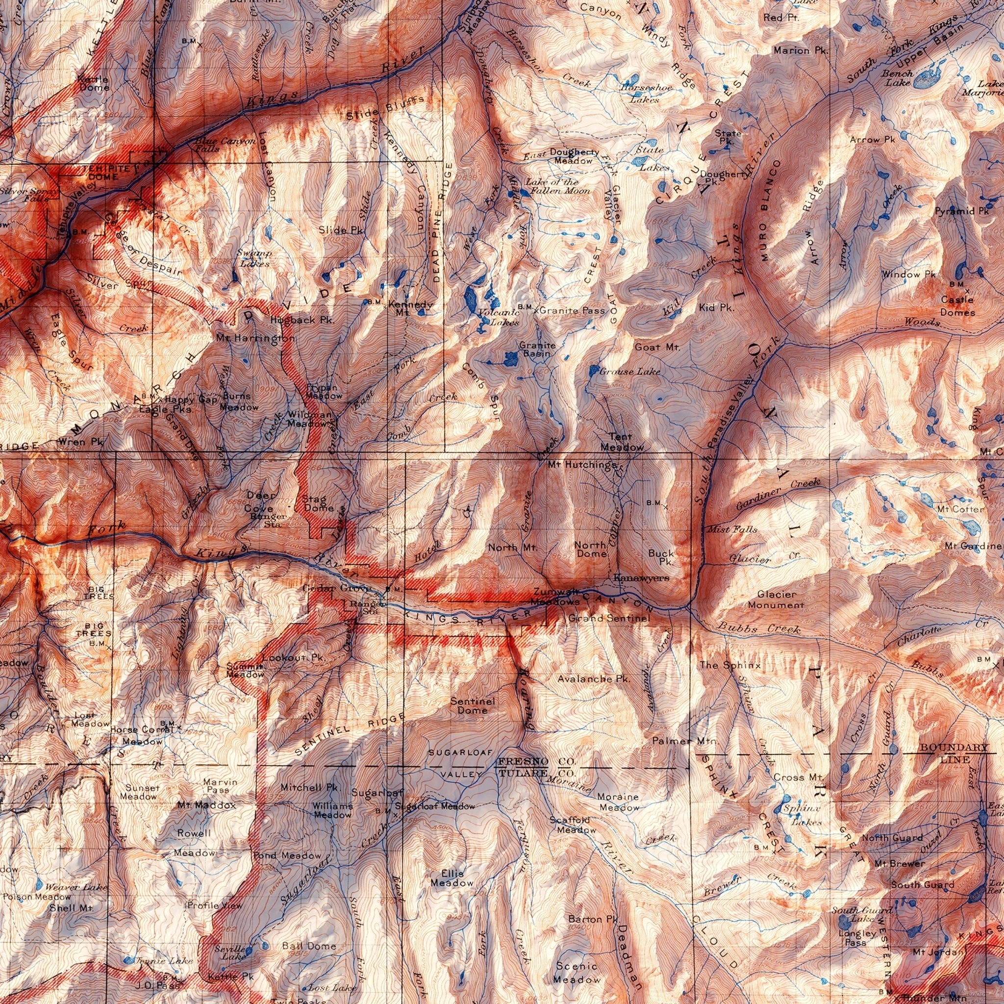 Sequoia and Kings Canyon 1948 Shaded Relief Map - Muir Way - Vintage Relief
