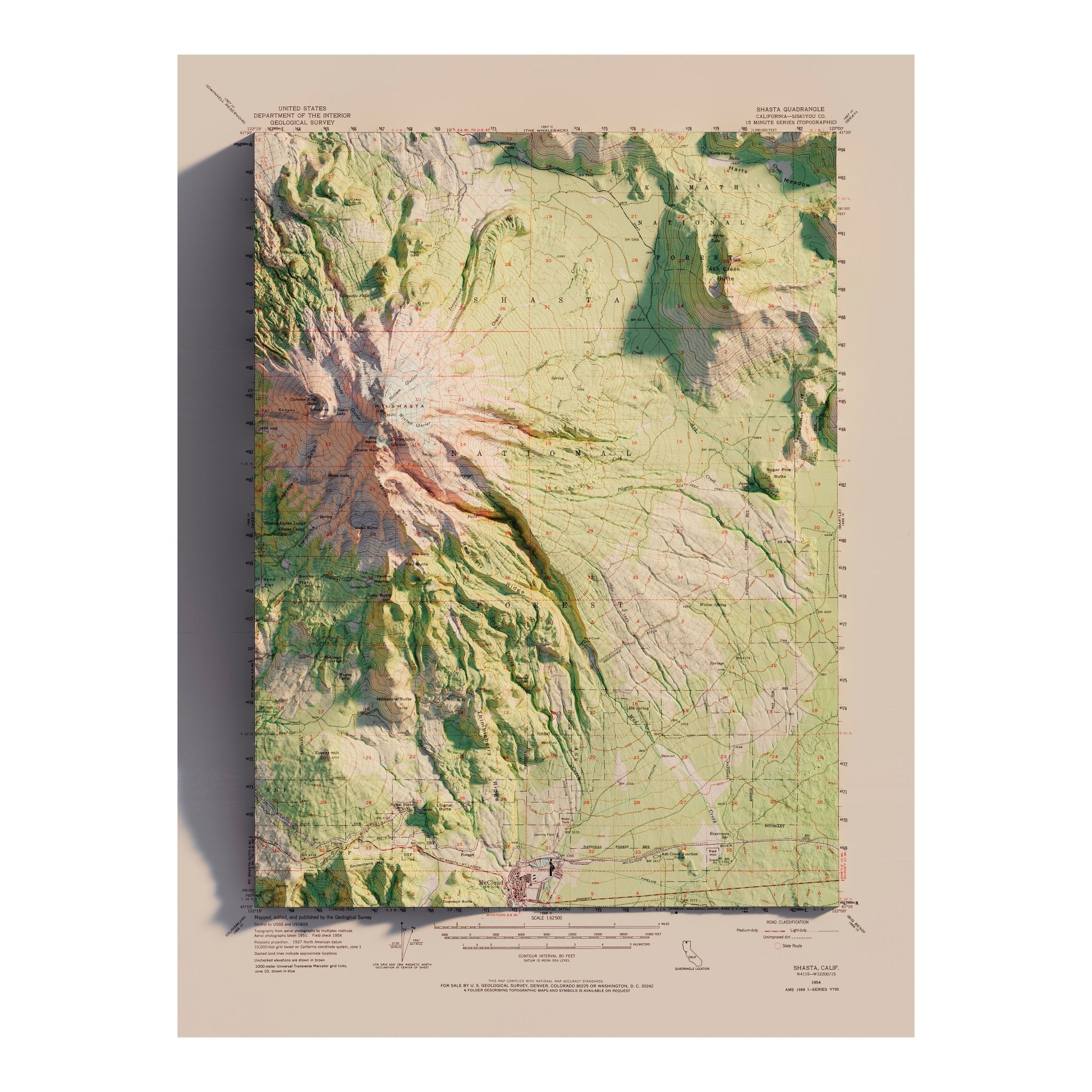 Shasta, California 1954 Shaded Relief Map - Muir Way - Vintage Relief