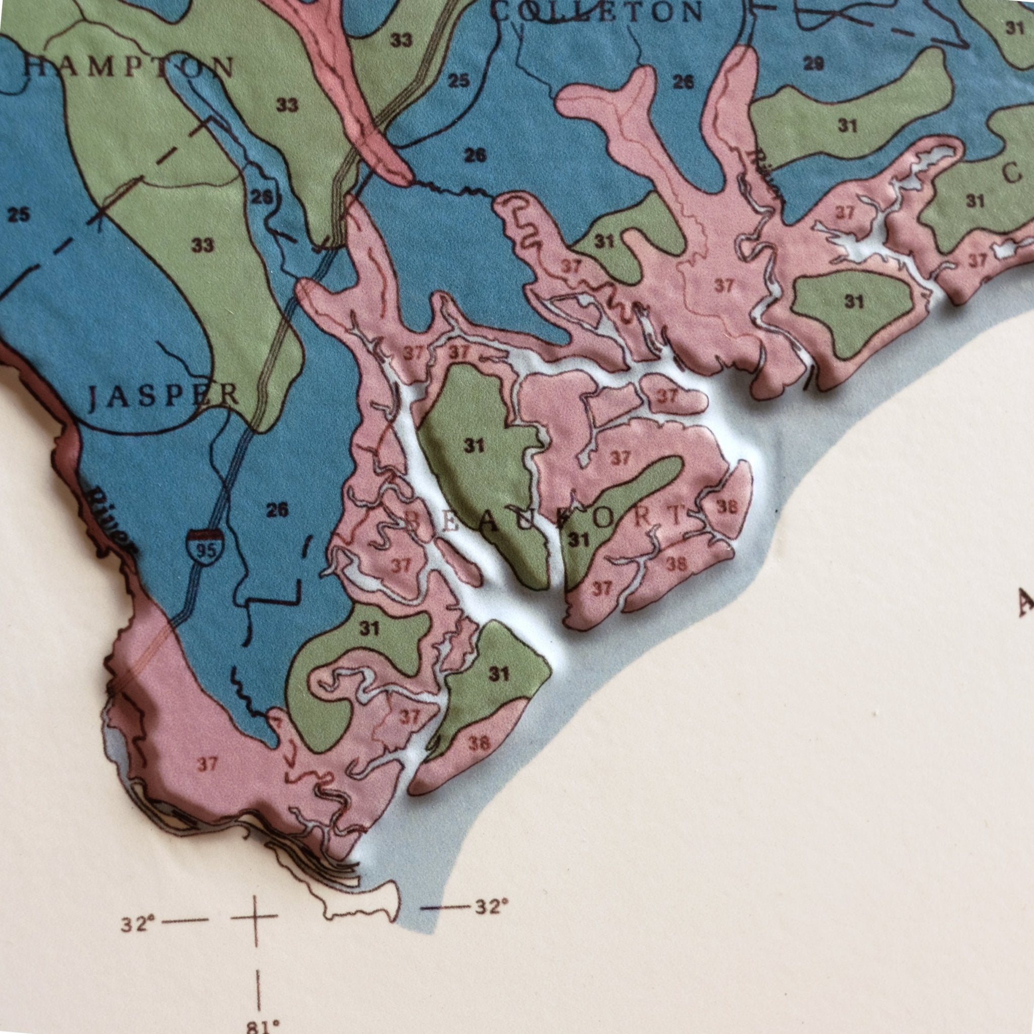 South Carolina 1979 3D Raised Relief Map - Muir Way - 3D