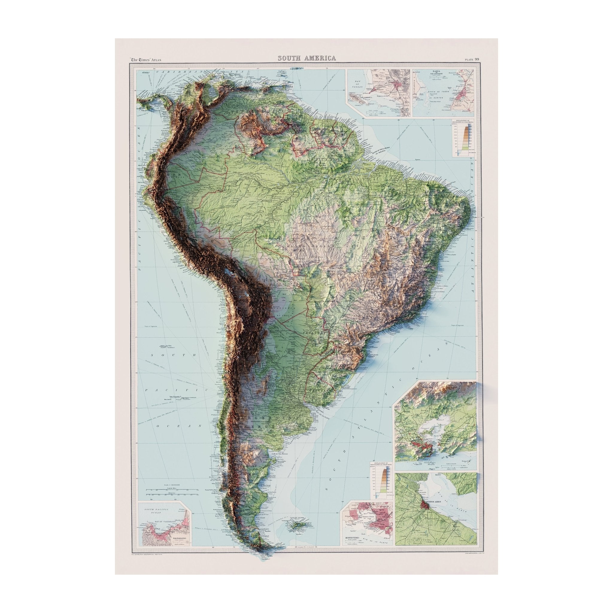 South America 1922 Shaded Relief Map - Muir Way - Vintage Relief