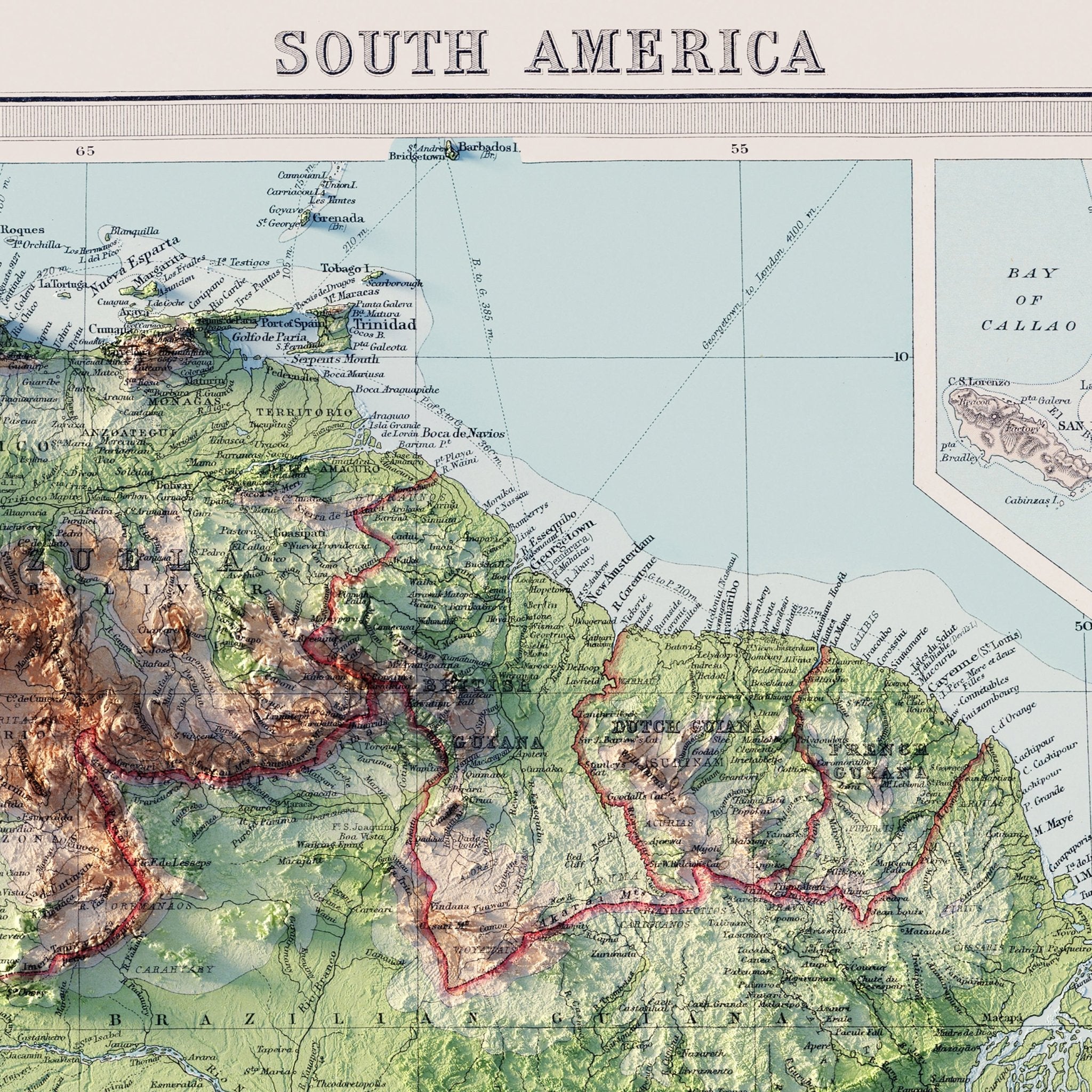 South America 1922 Shaded Relief Map - Muir Way - Vintage Relief