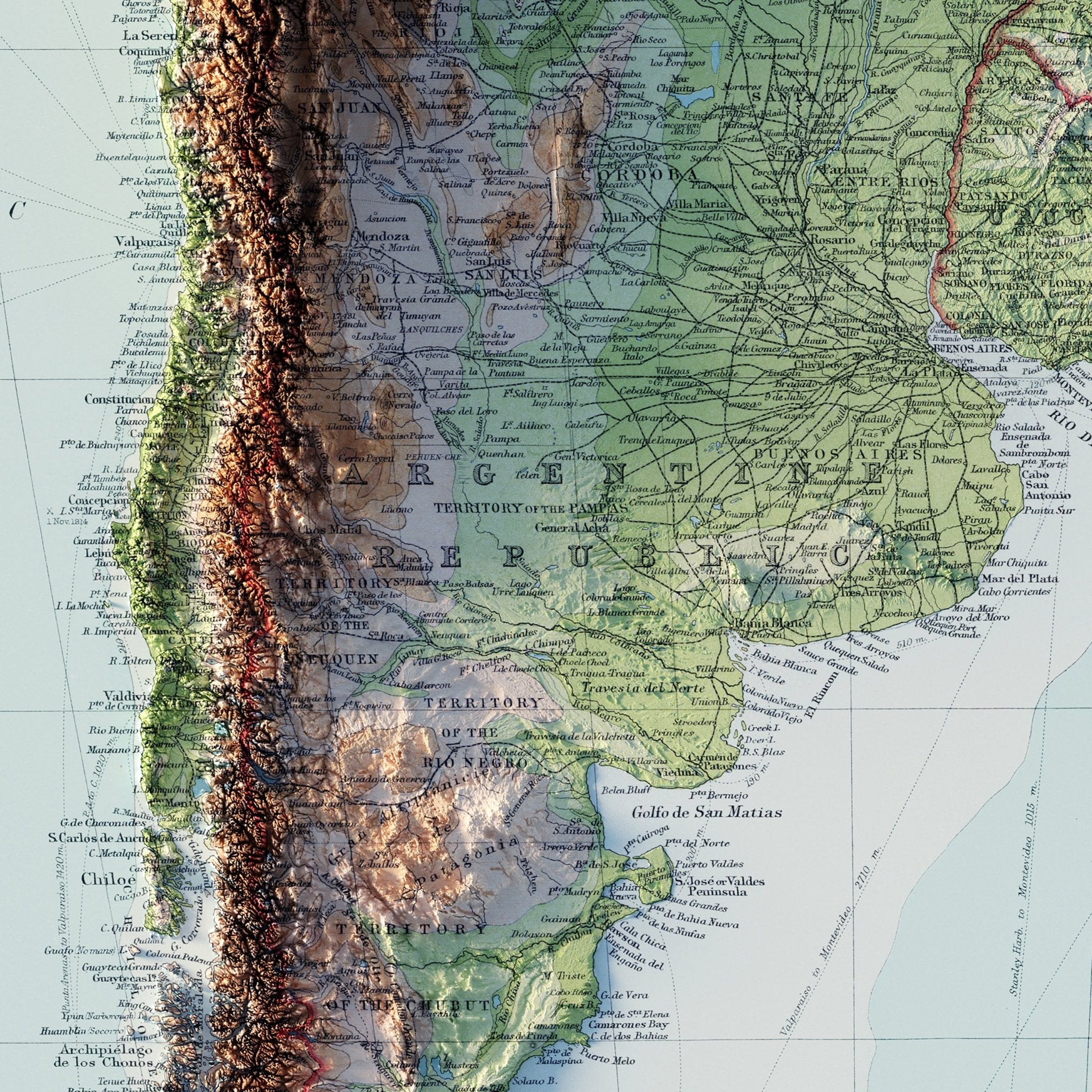 South America 1922 Shaded Relief Map - Muir Way - Vintage Relief