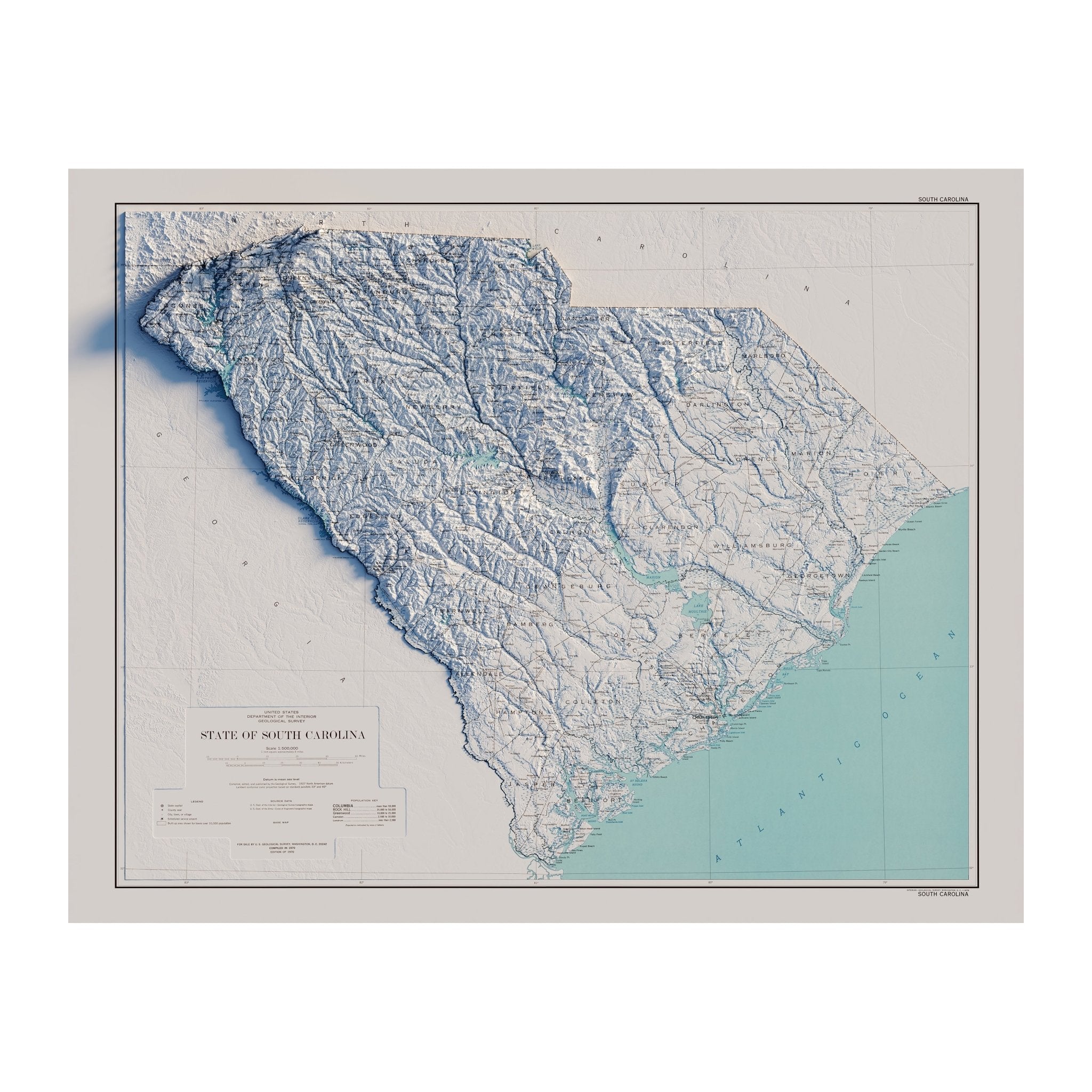 South Carolina 1970 Shaded Relief Map - Muir Way - Vintage Relief