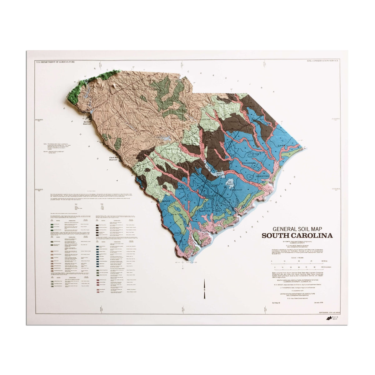 Raised Relief 3D Map of South Carolina from 1979 | Muir Way
