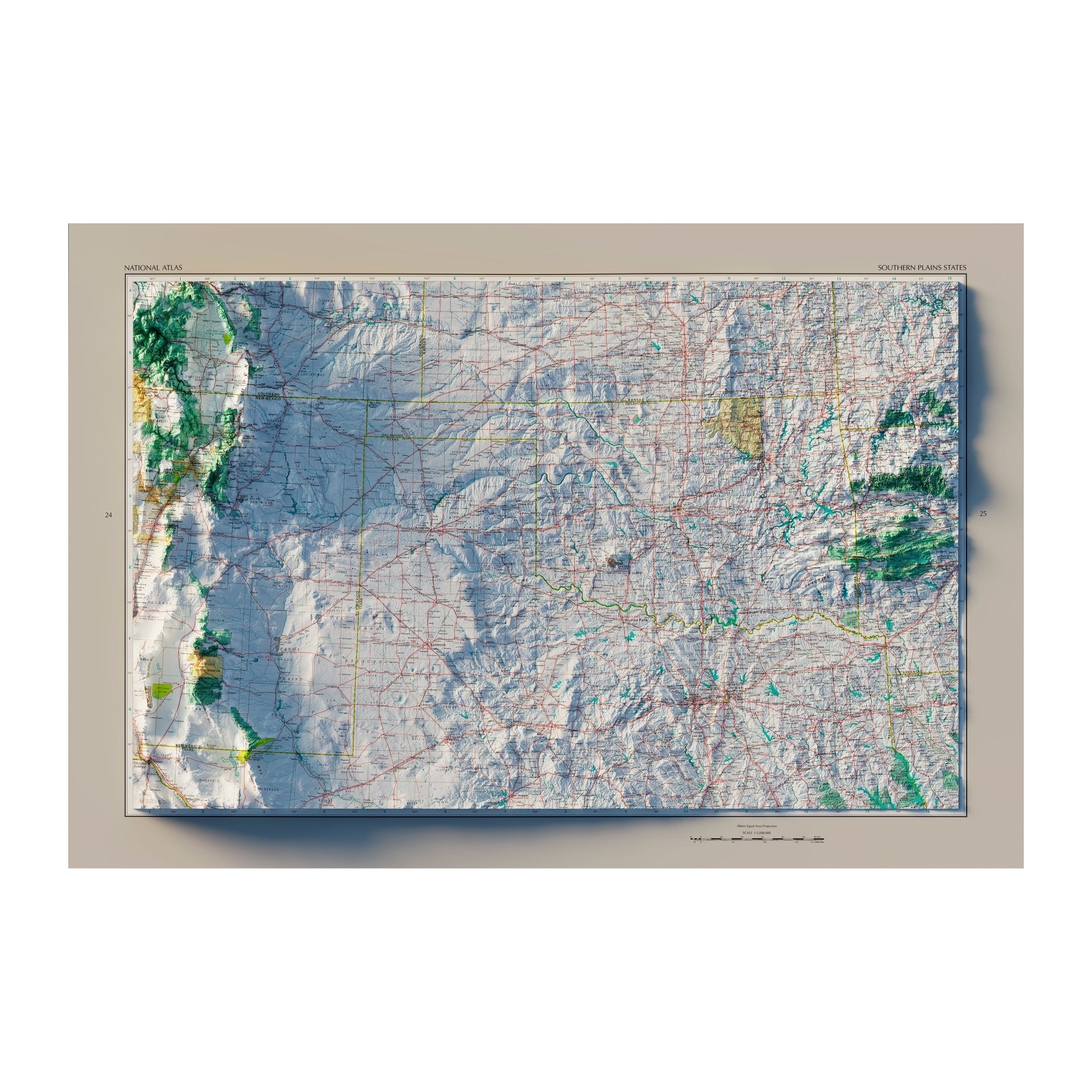 Southern Plains States 1970 Shaded Relief Map - Muir Way - Vintage Relief