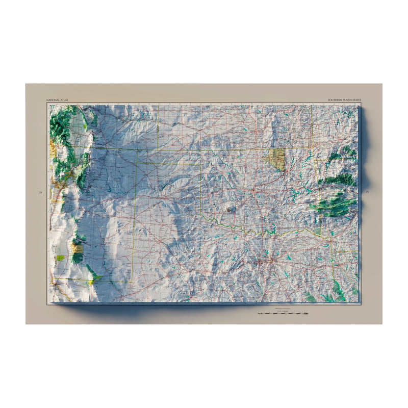 Southern Plains States 1970 Shaded Relief Map - Muir Way - Vintage Relief